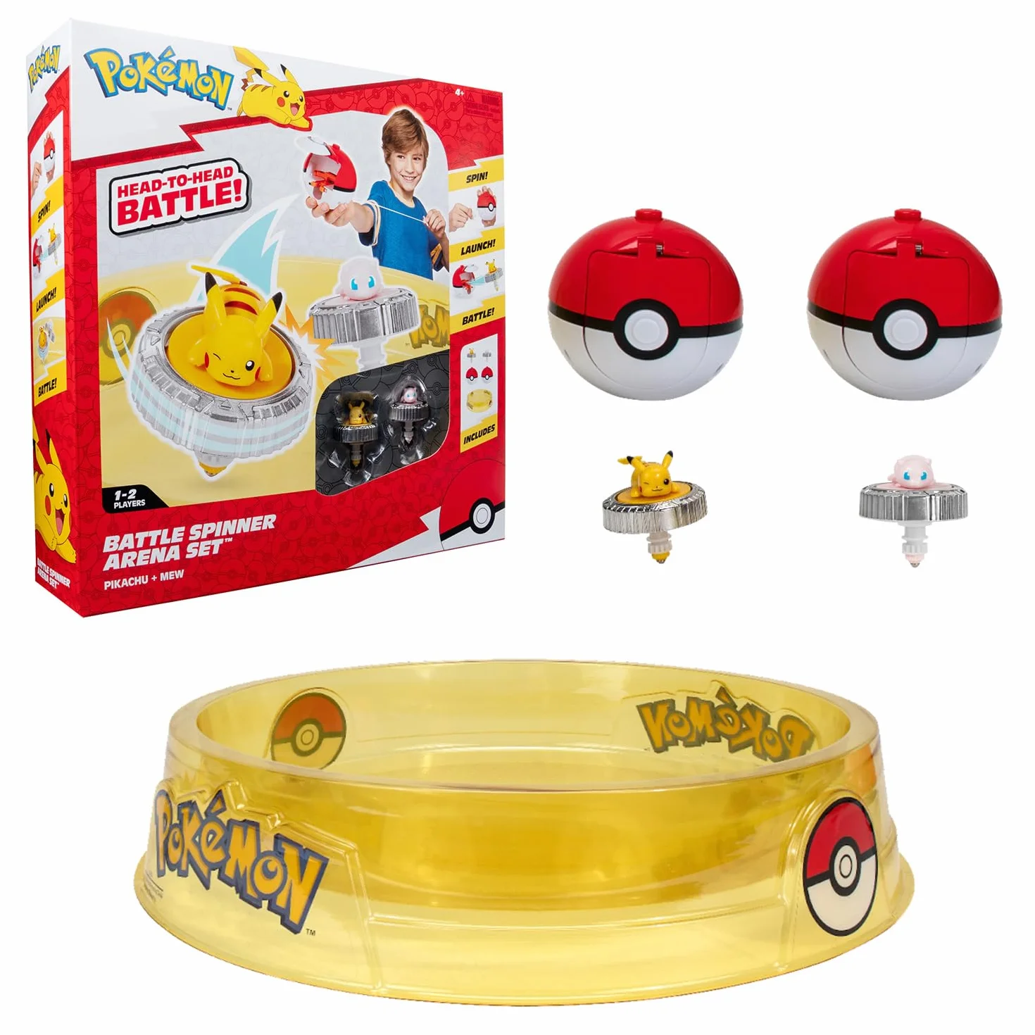 Bandai - Pokémon Arena + 2 Spinnery W Zestawie - 2 Wyrzutnie Pokéball + Bączki Pikachu i Mew - Gra Walki Dla Wielu Graczy - Zabawka Dla Dzieci 4 Lata i + JW4403