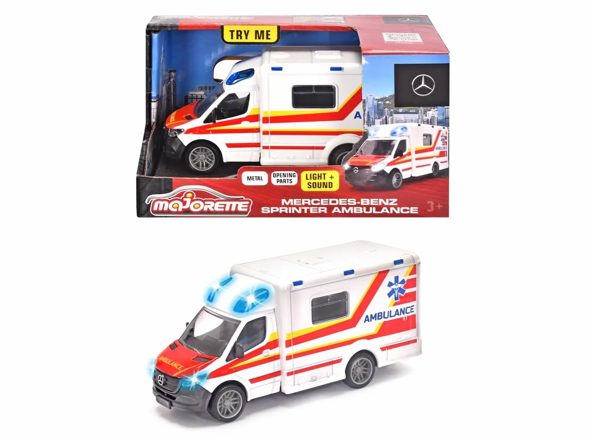 Majorette Grand 213712001038 MercedesBenz Ambulans 12,5 cm, światło i dźwięk, Licencjonowany metalowa karetka die cast do zabawy na świeżym powietrzu, prezent dla dzieci od 3 lat