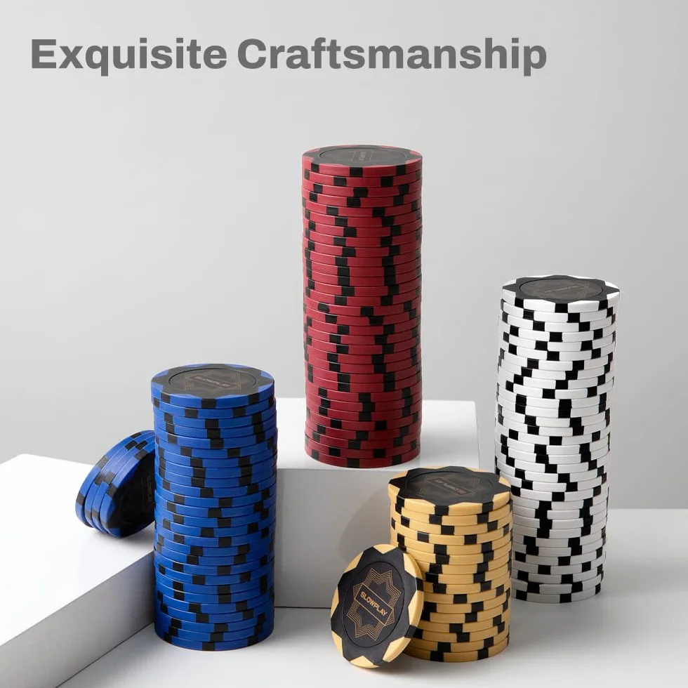 Gliniane żetony pokerowe Nash marki SLOWPLAY, 14 gramów, mieszanka gliny ceramicznej i tworzywa sztucznego, numerowane żetony z nominałami i czipy blankietowe(50)