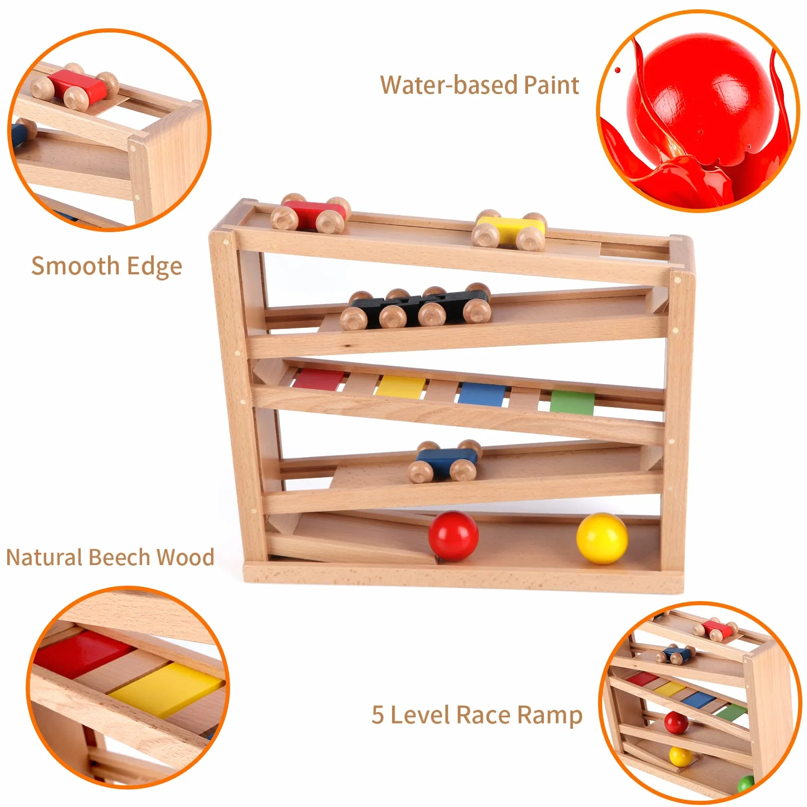 Jacootoys Drewniany samochód Rampa Marmur Run Gra Racing Track 5 Warstwy Racer Zestaw zabawek 4 Samochody 3 Piłki Prezent dla Dzieci Chłopcy Dziewczyny