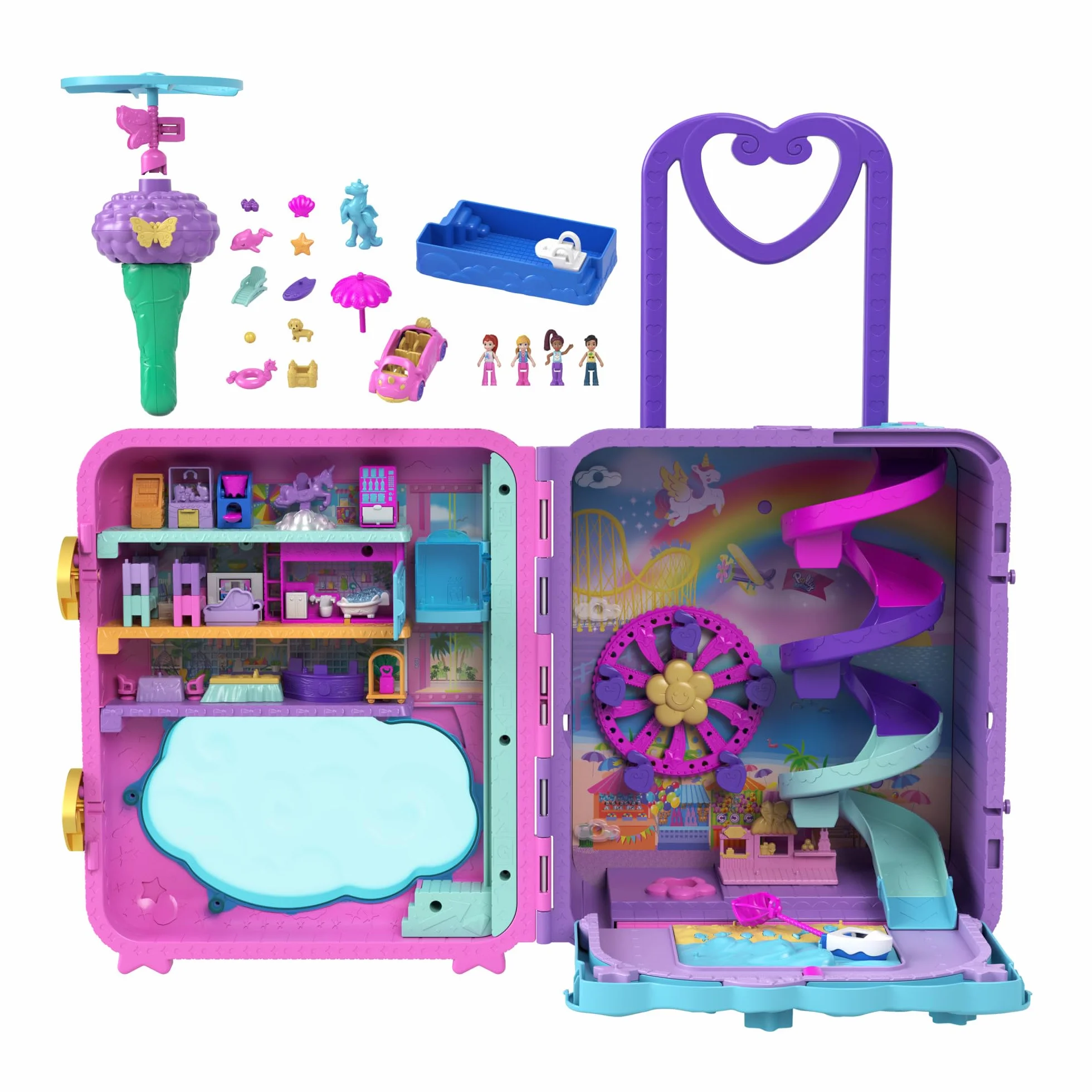 Polly Pocket Wakacyjny kurort Zestaw Walizka z 4 lalkami, 1 pojazdem i ponad 25 akcesoriami, HKV43