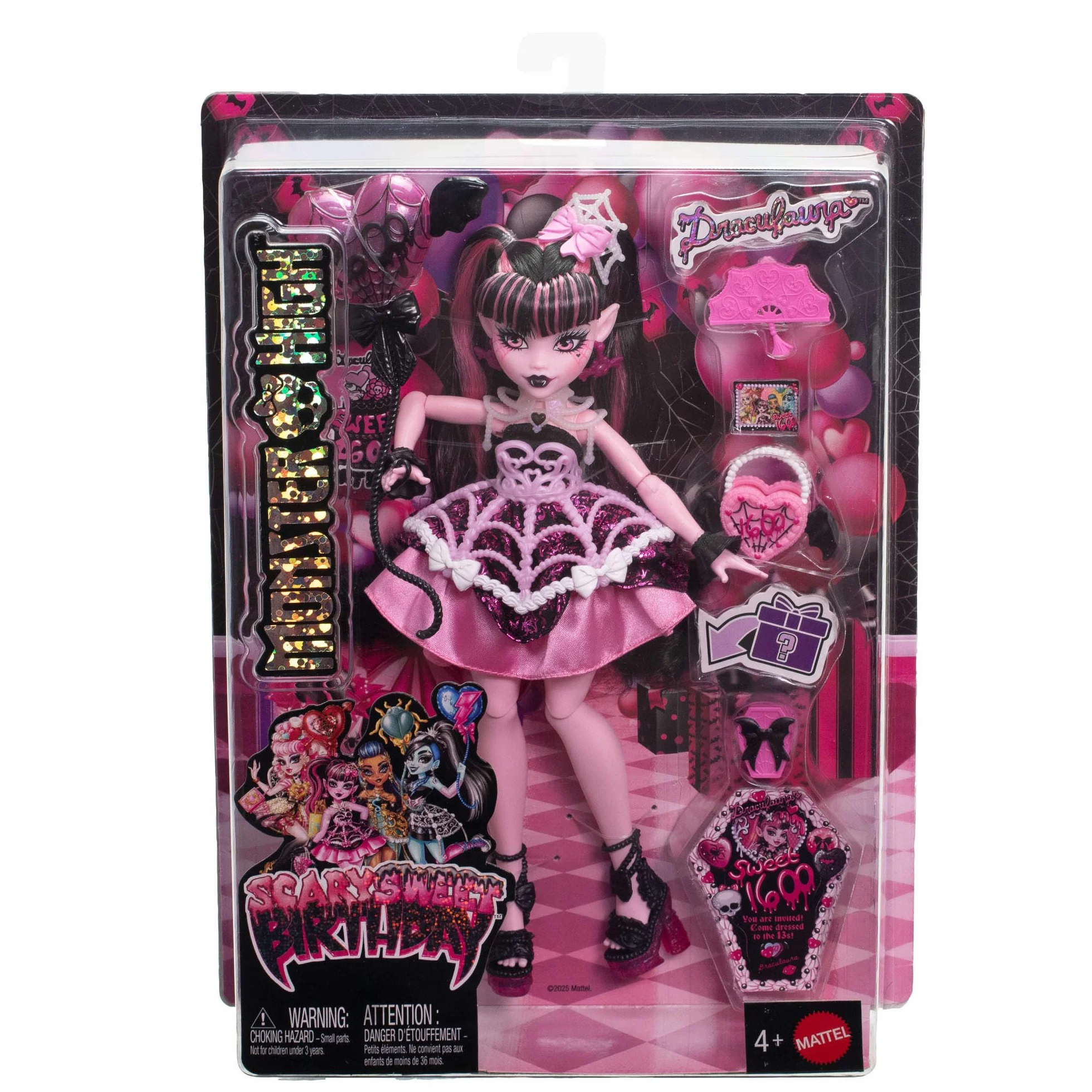 Monster High Straszysłodkie urodziny Draculaura Lalka zabawka w różowo-czarnej sukience z akcesoriami tematycznymi, w tym zaproszenie, „balon”, prezent i wachlarz, JBG74