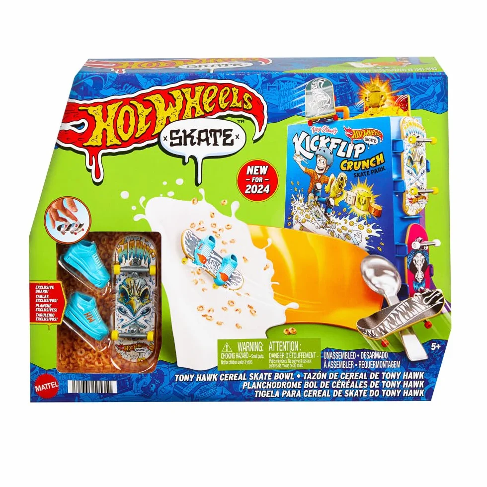 Hot Wheels Skate Tony Hawk – Śniadaniowa rampa Zestaw z 1 wyjątkową deskorolką do jazdy palcami i parą zdejmowanych butów, miejsce do przechowywania 4 desek i 4 par butów, HTP09