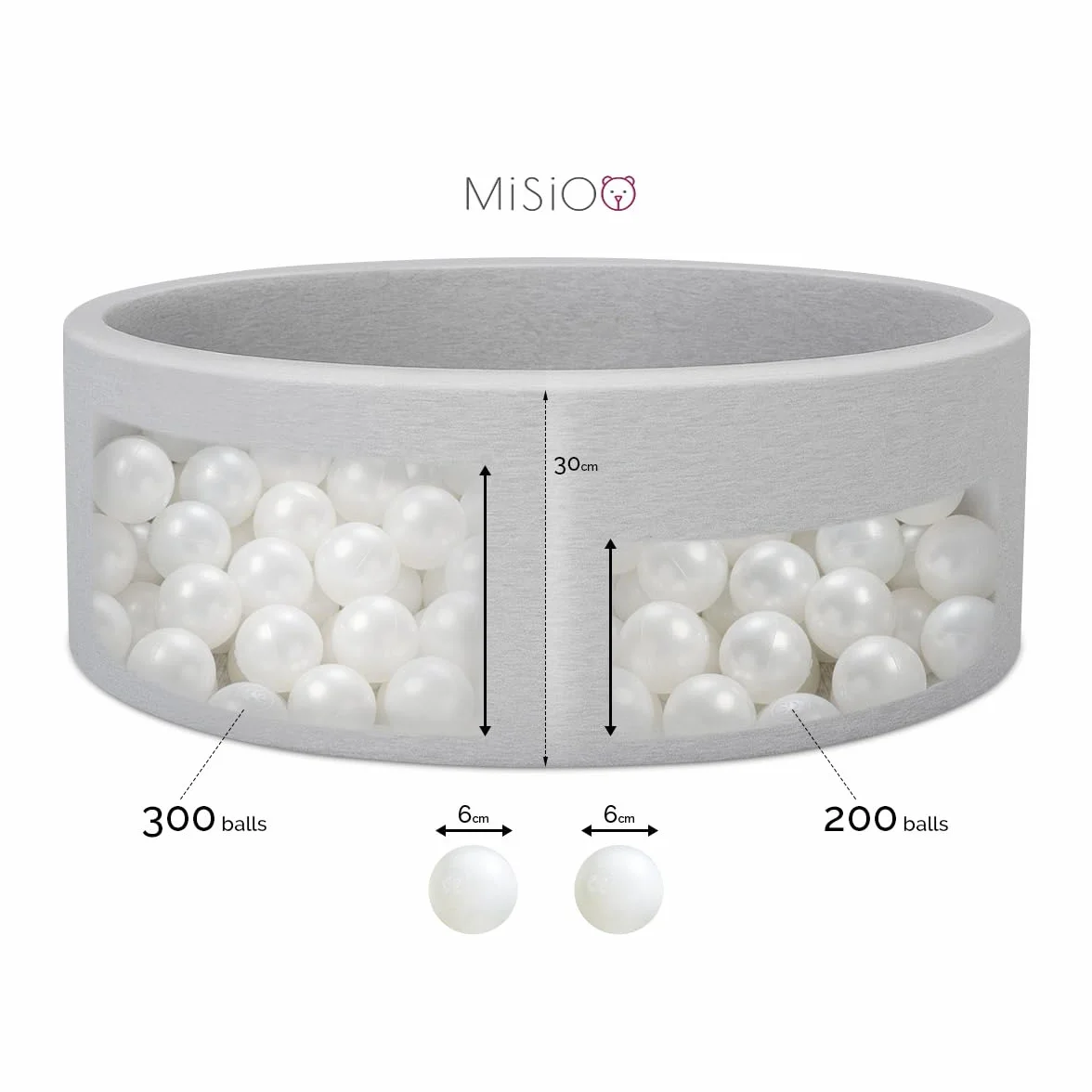 MISIOO Piłki do basenu z piłkami, 150 sztuk, piłki basenowe, średnica 6 cm, plastikowe piłki wyprodukowane w 100% z LDPE, zabawka dla niemowląt
