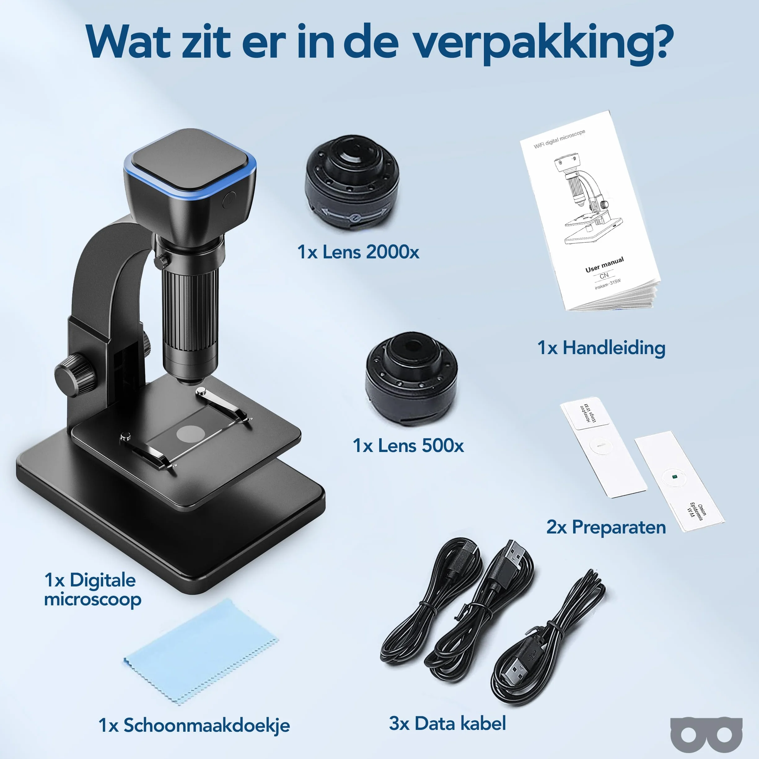 Digital Microscope with Camera – 2000 x Zoom – Photo/Video – Wi-Fi/USB Connection – 1800 mAh Battery – 11 LED Lights, Microscope Included