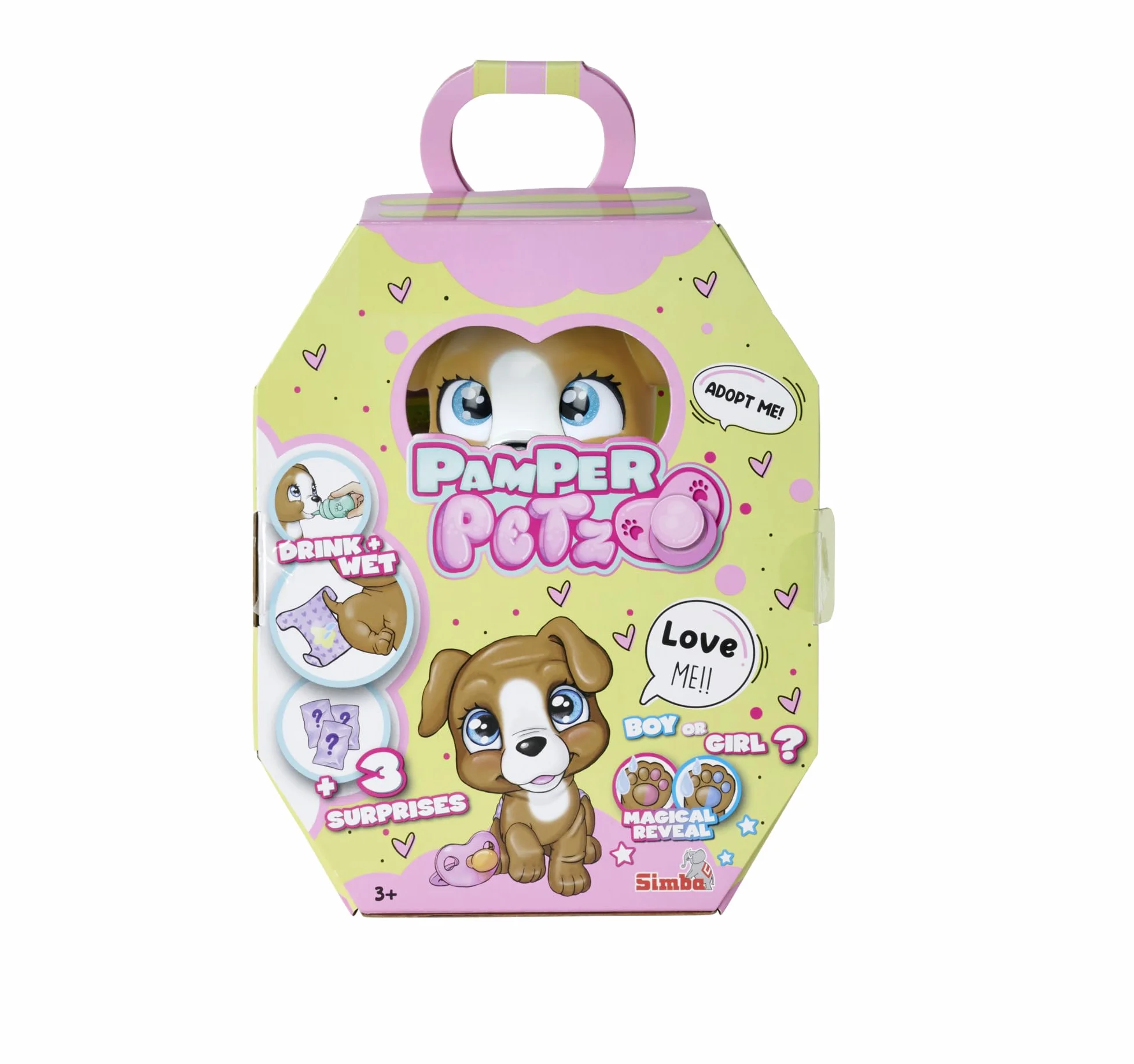 Simba 105953050 Pamper Petz Piesek z funkcją picia i siusiania 15 cm, szczeniaczek z akcesoriami - niespodziankami, magiczna łapka zdradza płeć pupila, zwierzak dla dzieci od 3 lat