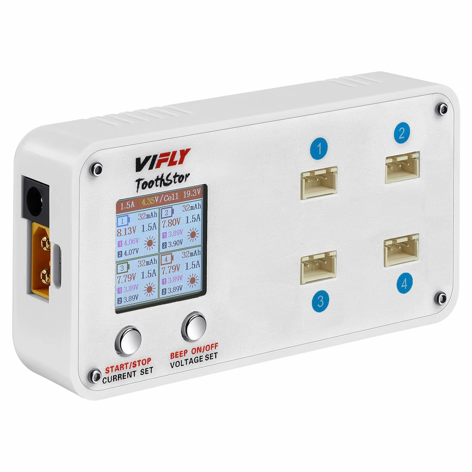 VIFLY ToothStor 4-portowa ładowarka 2S LiPo Balance z trybem przechowywania