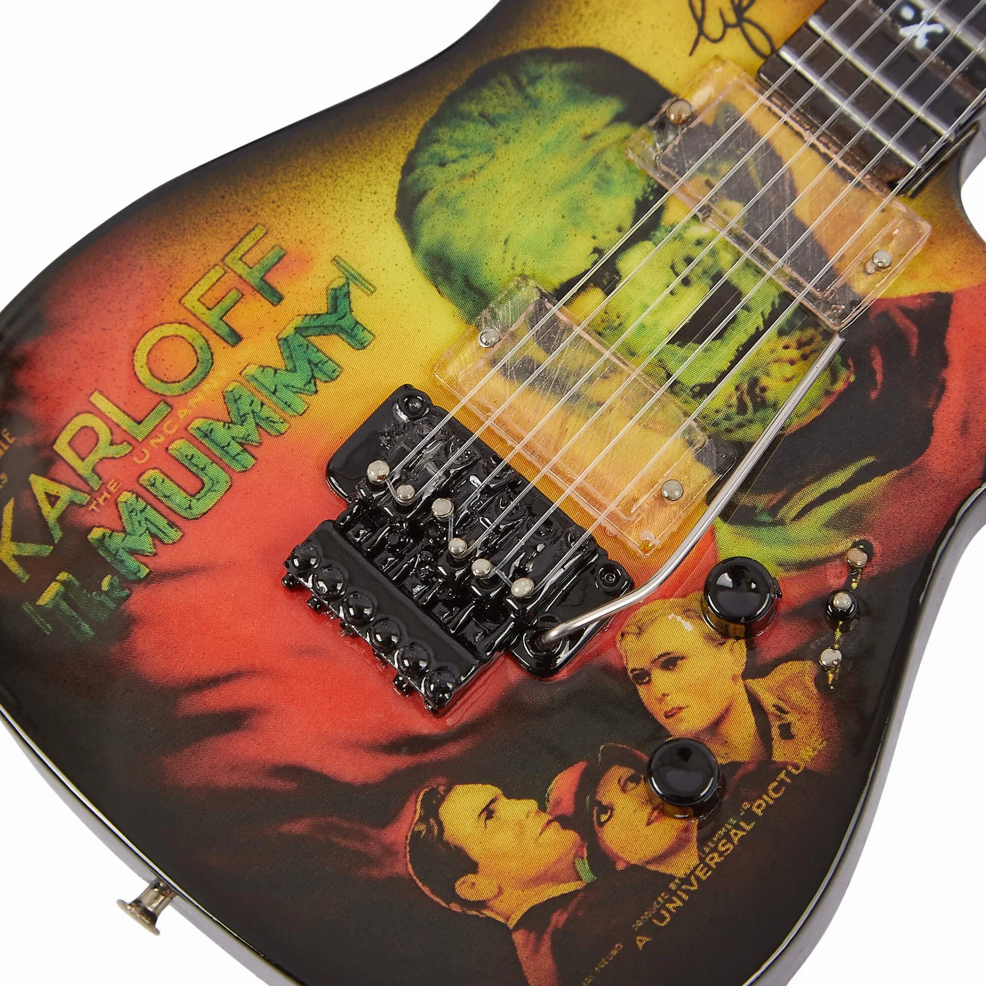 Axman Kirk Hammett Miniaturowa replika gitary - Prezenty muzyczne - Ręcznie robiona ozdobna skala 1/4 - Pudełko prezentacyjne, plakietka z imieniem i miniaturowy uchwyt na gitarę w zestawie