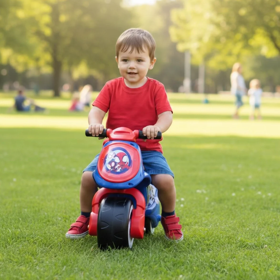 INJUSA - Motocykl Dziecięcy Neox Spidey, dla dzieci +18 miesięcy, z trwałą dekoracją, szerokim plastikowym kołem i uchwytem transportu dla rodziców, niebieski kolor