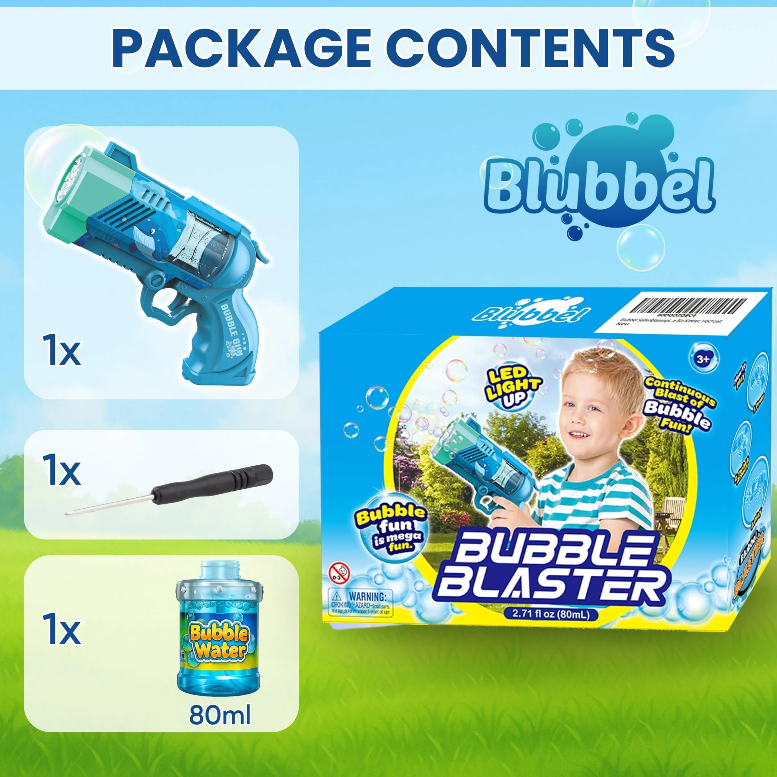 Blubbel Pistolet do Baniek, Maszyna z LED, Zbiornik 80ml, Armata Bańkowa, Powietrzna Bazooka, Prezent dla Dzieci, Na Wesele