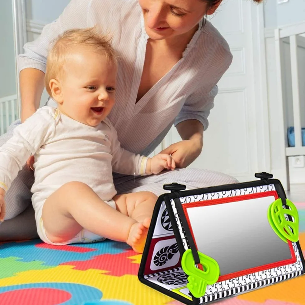 N/A Baby Mirror Flip Tummy Time Floor Lustro składane z wysokimi kontrastowymi wzorami i gryzak lusterko do siedzenia samochodowego dla noworodków odkrycie zabawki dla dzieci
