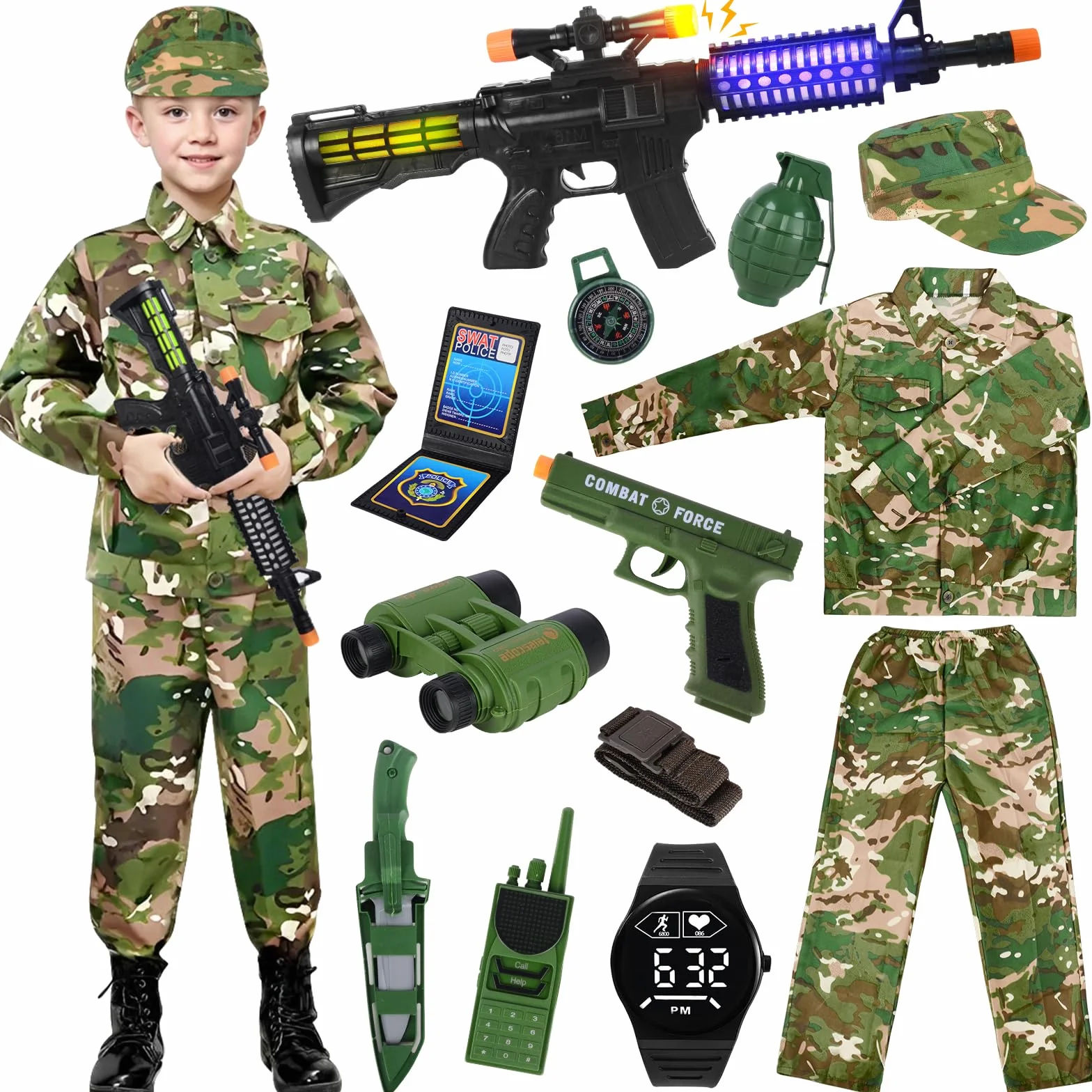 Kostium wojskowy dla dzieci, wojskowy kostium żołnierza, kostium dla dzieci, z kombinezonem maskującym, koszulą, spodniami, wyposażeniem wojskowym, zabawką dla chłopców i dziewczynek, na Halloween,
