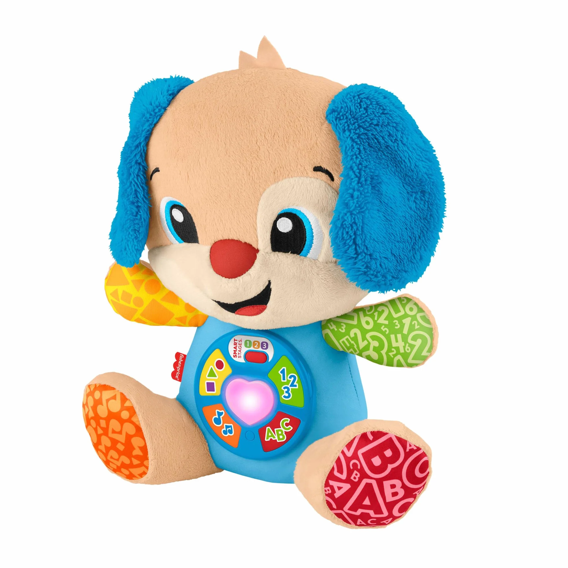 Fisher-Price Ucz się i śmiej! Szczeniaczek Uczniaczek - Poziomy nauki - Edukacyjna interaktywna zabawka, wersja wielojęzykowa: polski; węgierski; czeski; słowacki; angielski, piesek przytulanka, JFD27