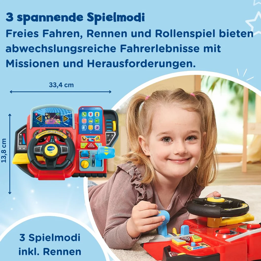 VTech Przygodowa kierownica do nauki – interaktywna kierownica z kolorowym ekranem LCD, 3 tryby gry, liczne treści edukacyjne i 23 melodie – dla dzieci w wieku 3-7 lat