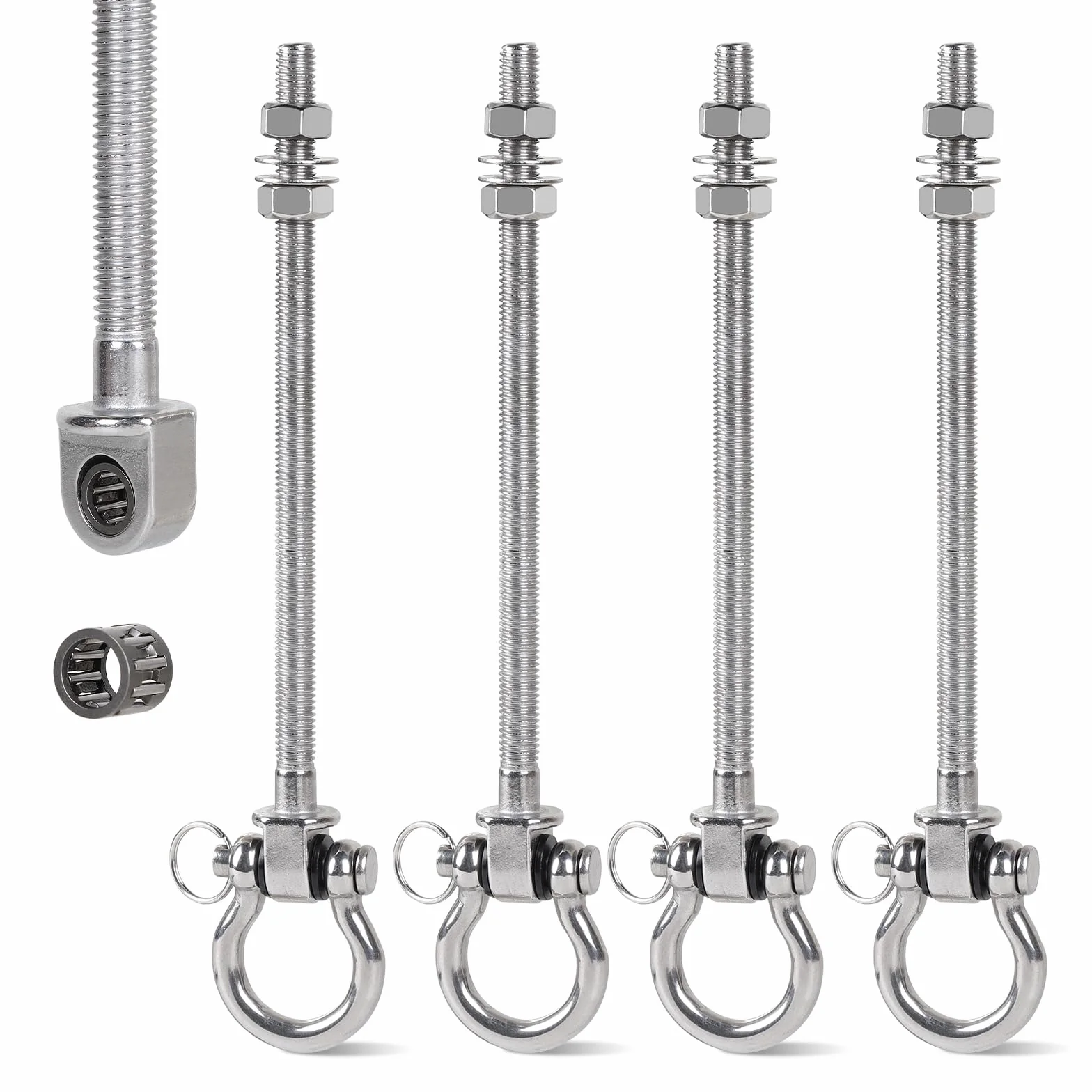 efuturetime 4 x hak huśtawkowy do dużych obciążeń M10, 240 mm, hak do huśtawki, stal nierdzewna 304, do drewna, metalu, betonu, mocowania z łożyskami igiełkowymi do swobodnego, cichego obracania