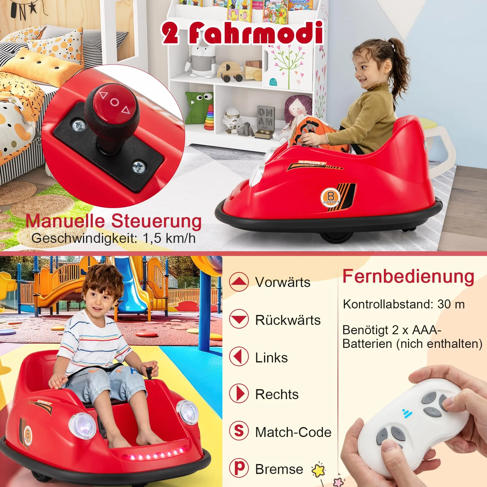 GOPLUS 12V hulajnoga samochodowa dla dzieci, elektryczny bumper z pilotem zdalnym, obrót 360°, LED, muzyka, pojazd elektryczny 2-5 lat (czerwony)