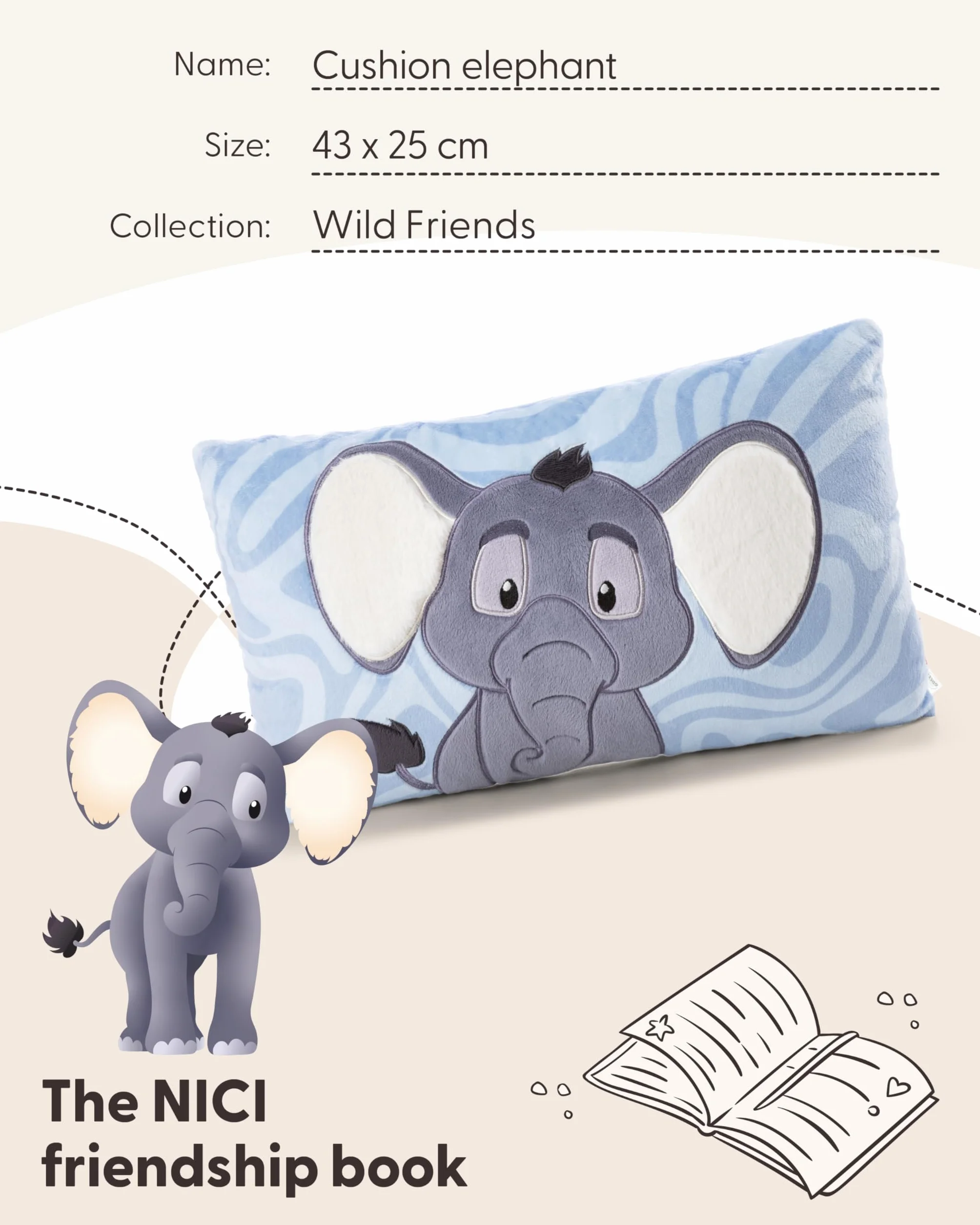 NICI 62752 pluszowa poduszka, słoń, puszysta poduszka do przytulania dla dzieci i dorosłych, idealna do domu, przedszkola lub na podróż, 43 x 25 cm, szara