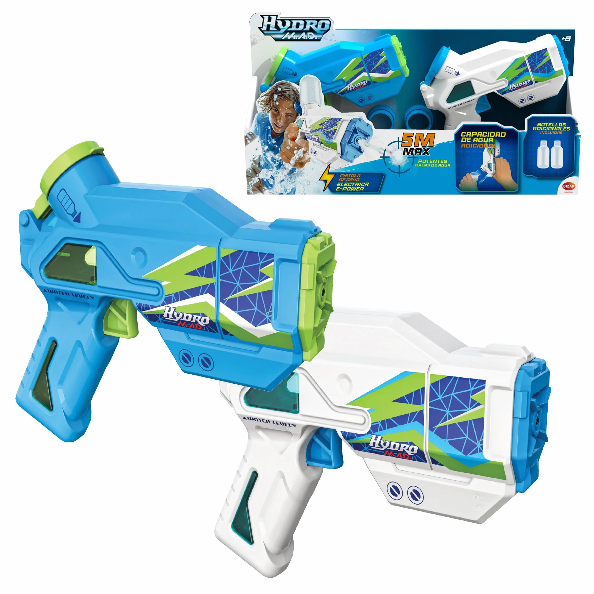 Hydro M.A.D. Mini Blaster Podwójny zestaw, elektroniczne pistolety na wodę w kolorze niebieskim i białym, zasięg do 5 m, zabawka do zabawy na świeżym powietrzu, chłopcy i dziewczęta+8 lat, Bizak