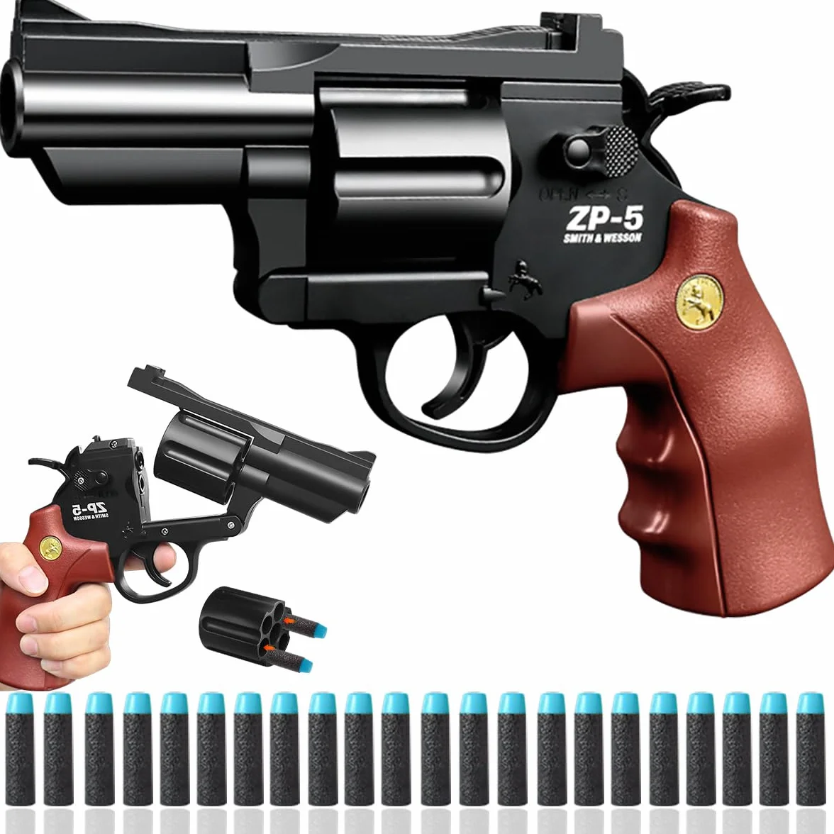 Zabawkowy pistolet dla dzieci, rewolwer, pistolet zabawkowy, pistolet piankowy, od 8 + z 24 piankowymi kulkami na Halloween, karnawał, prezent, akcesoria do kostiumu