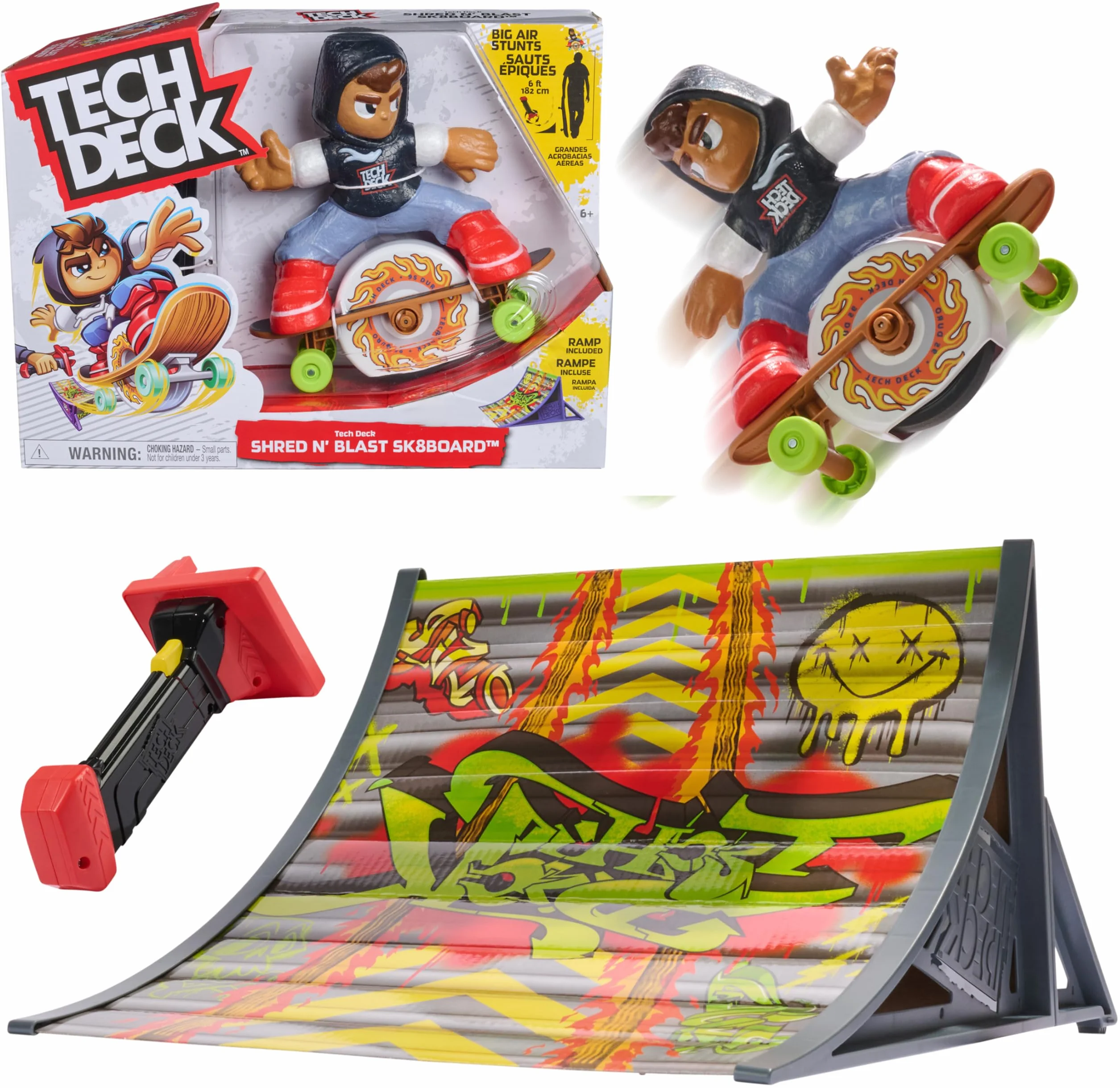 Tech Deck Shred N' Blast Sk8board, zmotoryzowana deskorolka z jeźdźcem i rampą do szybkich trików i wysokich skoków, zabawki dla dzieci dla chłopców i dziewczynek w wieku od 6 lat, wymagane baterie