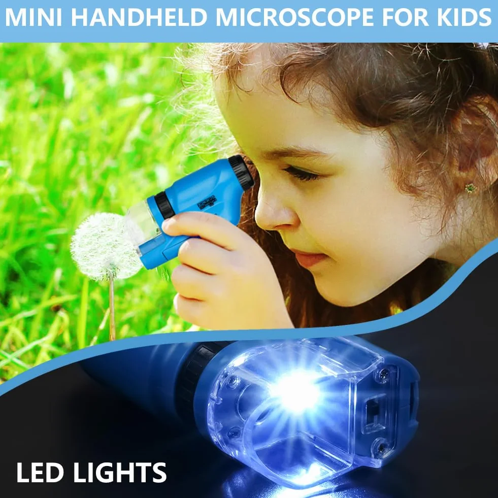 OSDUE Mikroskop Kieszonkowy dla Dzieci, Przenośny 60x-120x Mini Zoom z Podświetleniem LED, Zabawka Edukacyjna, Prezent dla Uczniów i Przedszkolaków