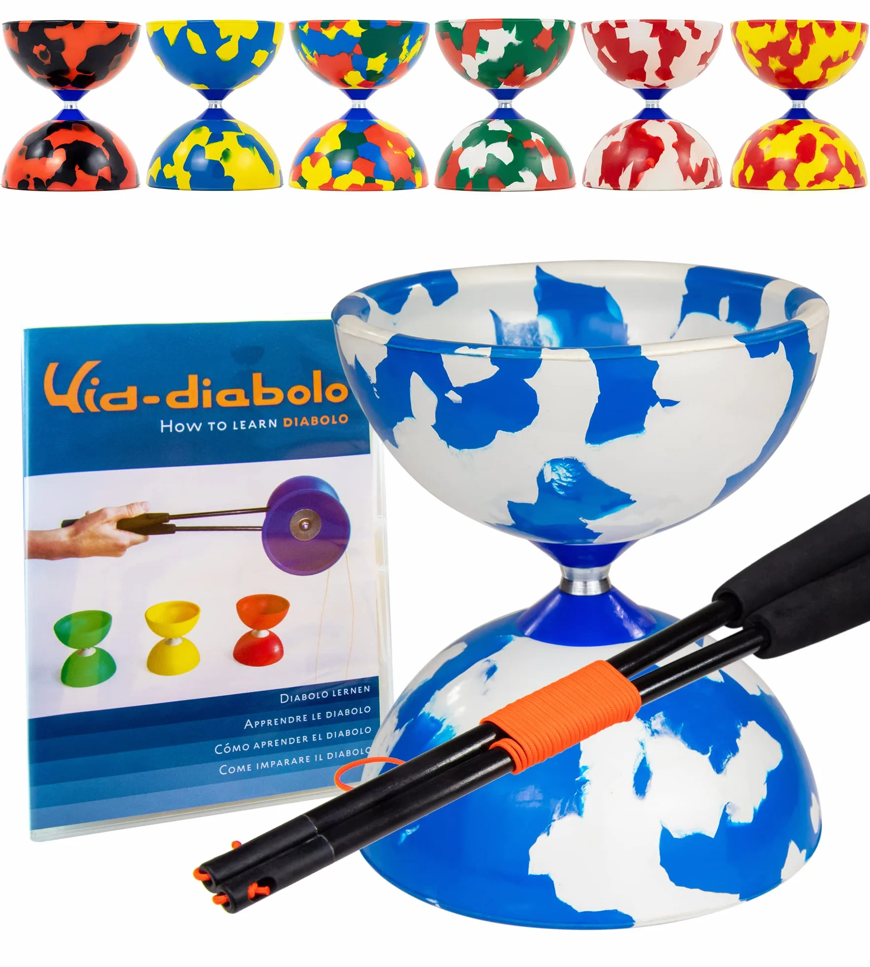 Juggle Dream Jester Diabolo Zestaw do żonglerki na mocnej osi, profesjonalny diabolo z pałeczkami ze szkła superszklanego, niebieska/biała