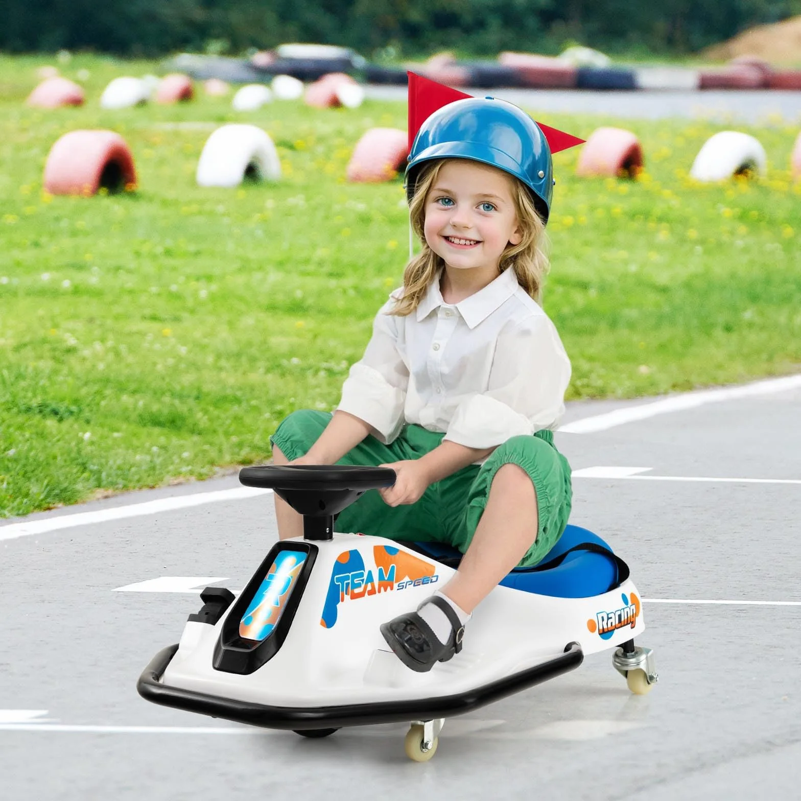 COSTWAY 24V Elektro Gokart, Drift Cart z 3 flagami i Bluetooth oraz USB i muzyką, 9-15 km/h, Go Kart z pedałami, elektromobil z 200 W silnikiem dla dzieci od 3 lat