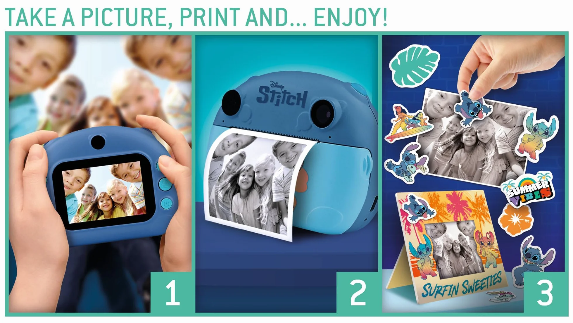 Lisciani – aparat natychmiastowy DISNEY Stitch – przechwytywanie, drukowanie i udostępnianie dla dzieci w wieku od 6 miesięcy – funkcja selfie i wideo – zawiera 3 rolki na 180 zdjęć, pasek i