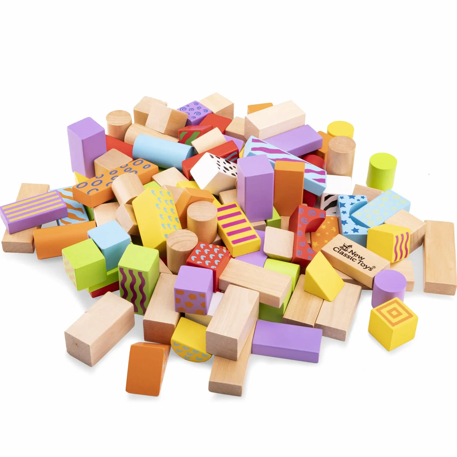 New Classic Toys 10813 drewniane klocki fantasy w bębnie edukacyjna zabawka percepcyjna dla dzieci w wieku przedszkolnym chłopcy dziewczęta 100 sztuk kolorowe