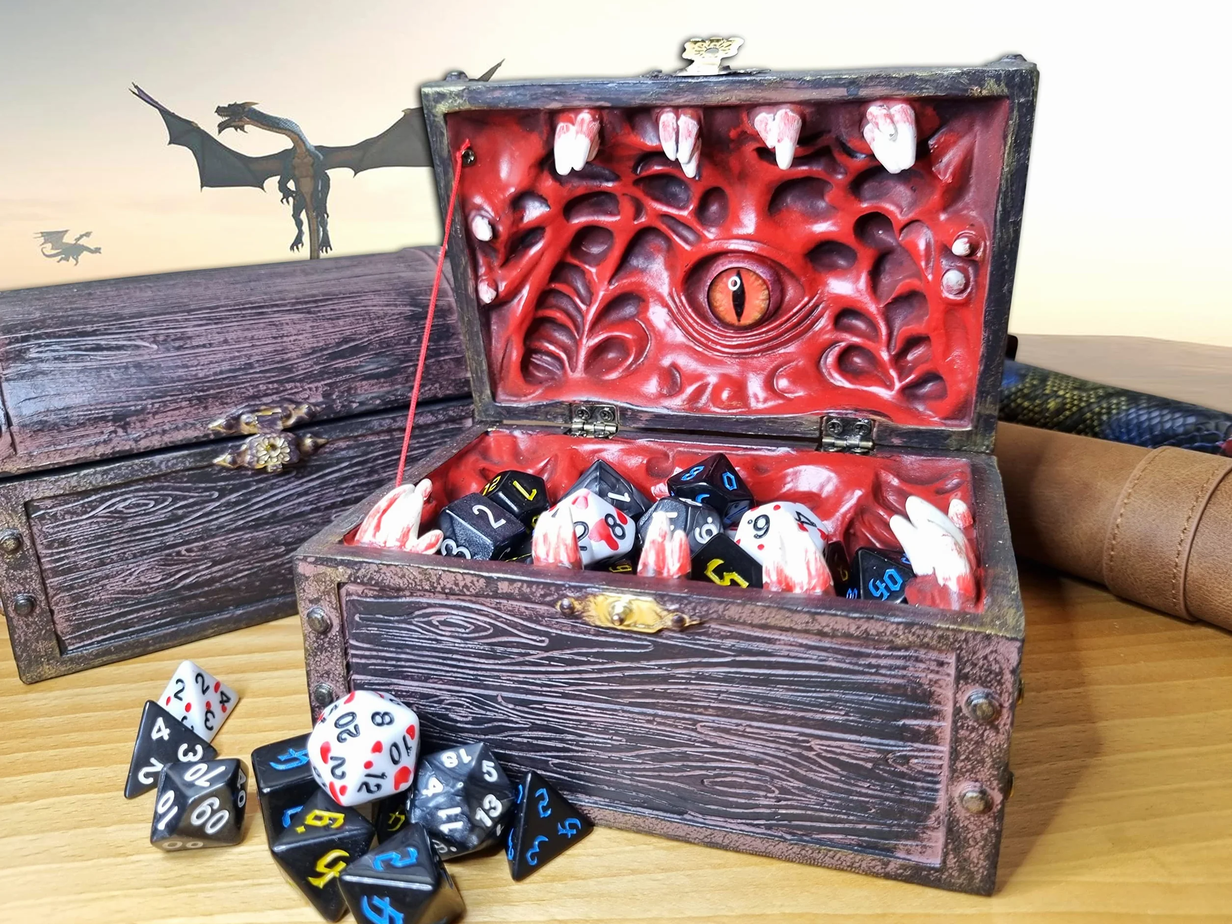 Dungeon Mimic pudełko do przechowywania kości skrzyniowych ze szklanym okiem, miniaturami i akcesoriami do lochów i smoków, prezent D&D, DND, Dungeon Master, mieści do 5 zestawów kości