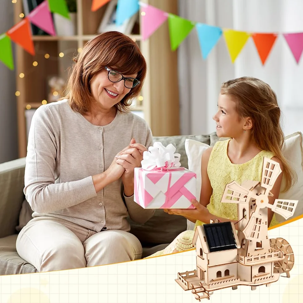 3D puzzle drewniane Dom z wiatrakami solarnymi - zestaw do majsterkowania DIY dla dorosłych - zestaw budowy modelu z obracającą się turbiną wiatrową zasilaną energią słoneczną | W tym