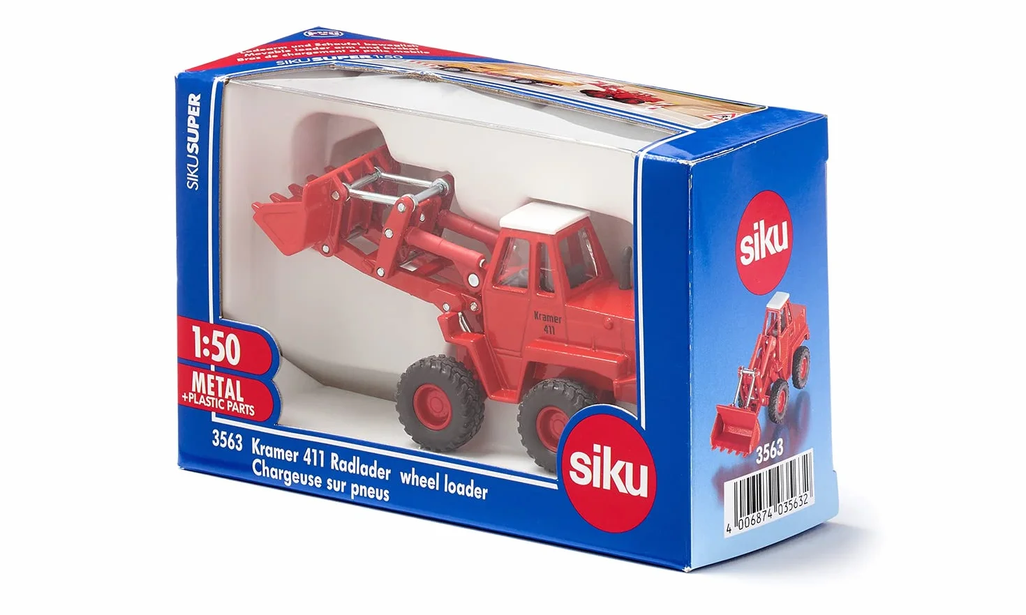 Siku 3563, Ładowarka kołowa Kramer 411, Zabawka dla dzieci, 1:50, Metal,tworzywo sztuczne, Czerwony, Ruchoma łopata i ramię ładowarki, Gumowe opony z głębokim bieżnikiem