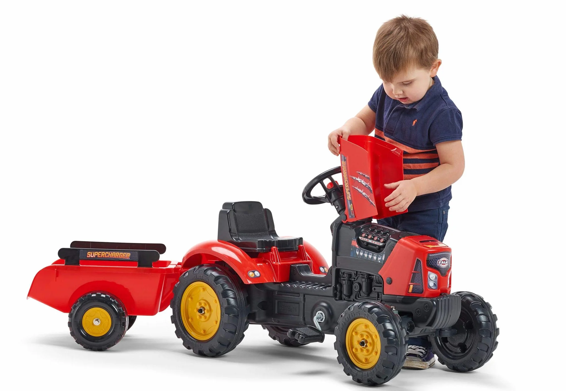 Falk – Traktor z pedałami SuperCharger z przyczepą – od 2 lat – wyprodukowany we Francji – pokrywa otwierana – pilot z kierownicą z klaksonem, 2030AB