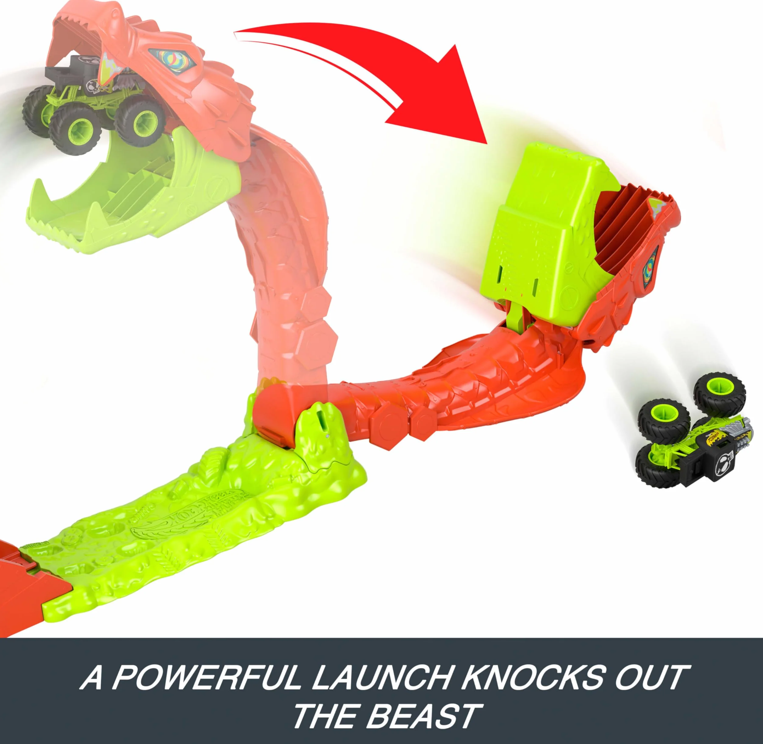 Hot Wheels Monster Trucks Mega skok Nokaut węża Zestaw Bone Shaker 1:64 tor wyścigowy zabawka dla dzieci 4+ JJN44