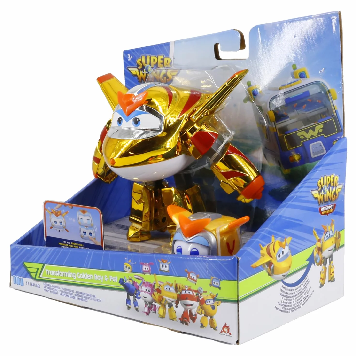Super Wings EU770441 - Transforming Golden Boy & Pet, transformująca figurka zabawki, około 12 cm, ze zwierzęciem domowym około 4,3 cm, dla dzieci od 3 lat