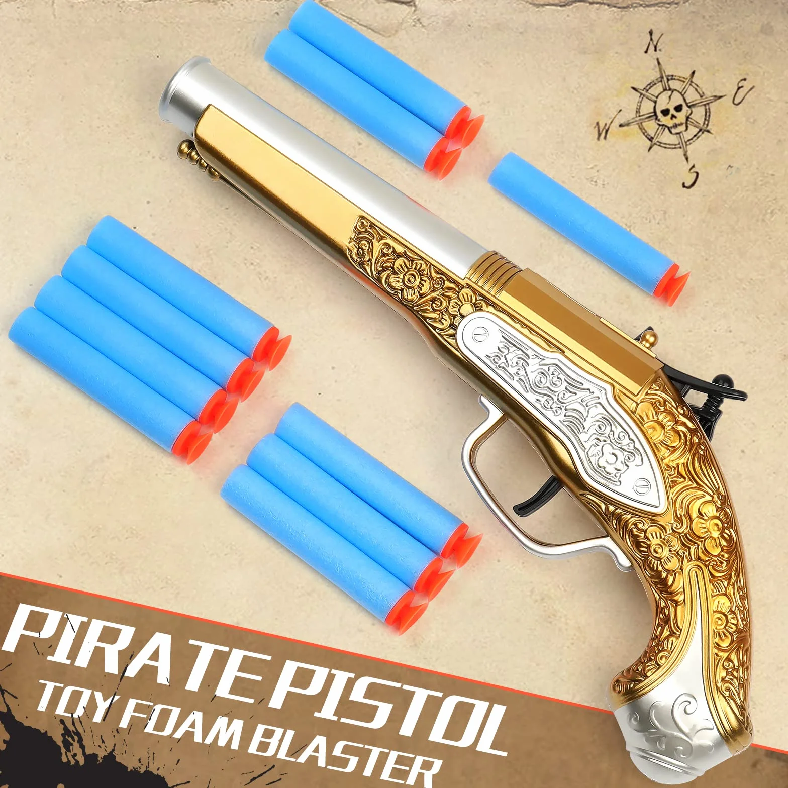 Pistolet piracki, zabawkowy pistolet dla dzieci – broń piracka z 20 miękkimi kulkami, do kostiumu pirata, broni na Halloween i karnawał, akcesoria do kostiumu pirata, 30.3 x 10.7 x 5.7 cm