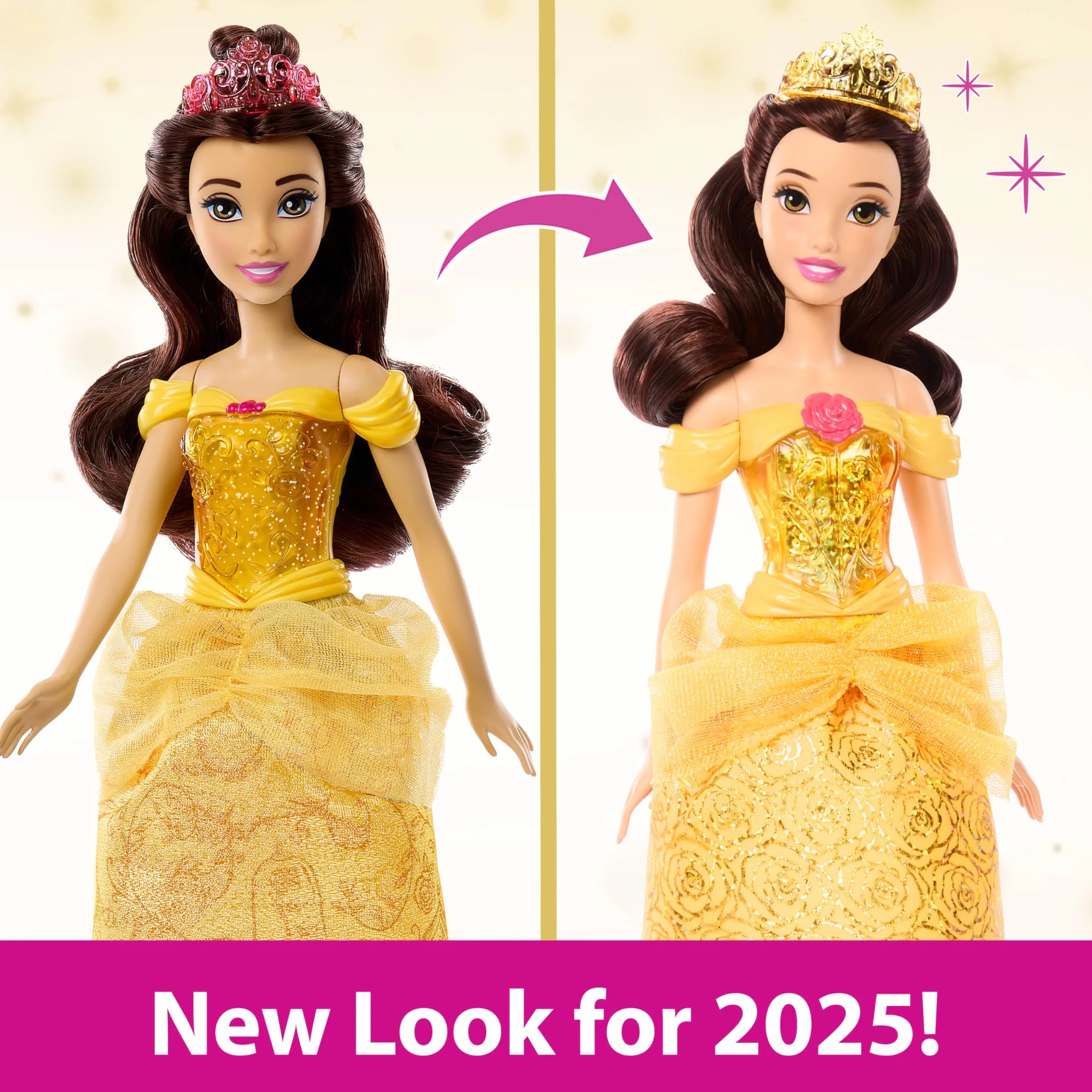 Mattel Księżniczka Disneya Bella Lalka z punktami zgięcia, błyszczącym ubrankiem i akcesoriami inspirowanymi filmem Disneya, prezent dla dzieci HLW11