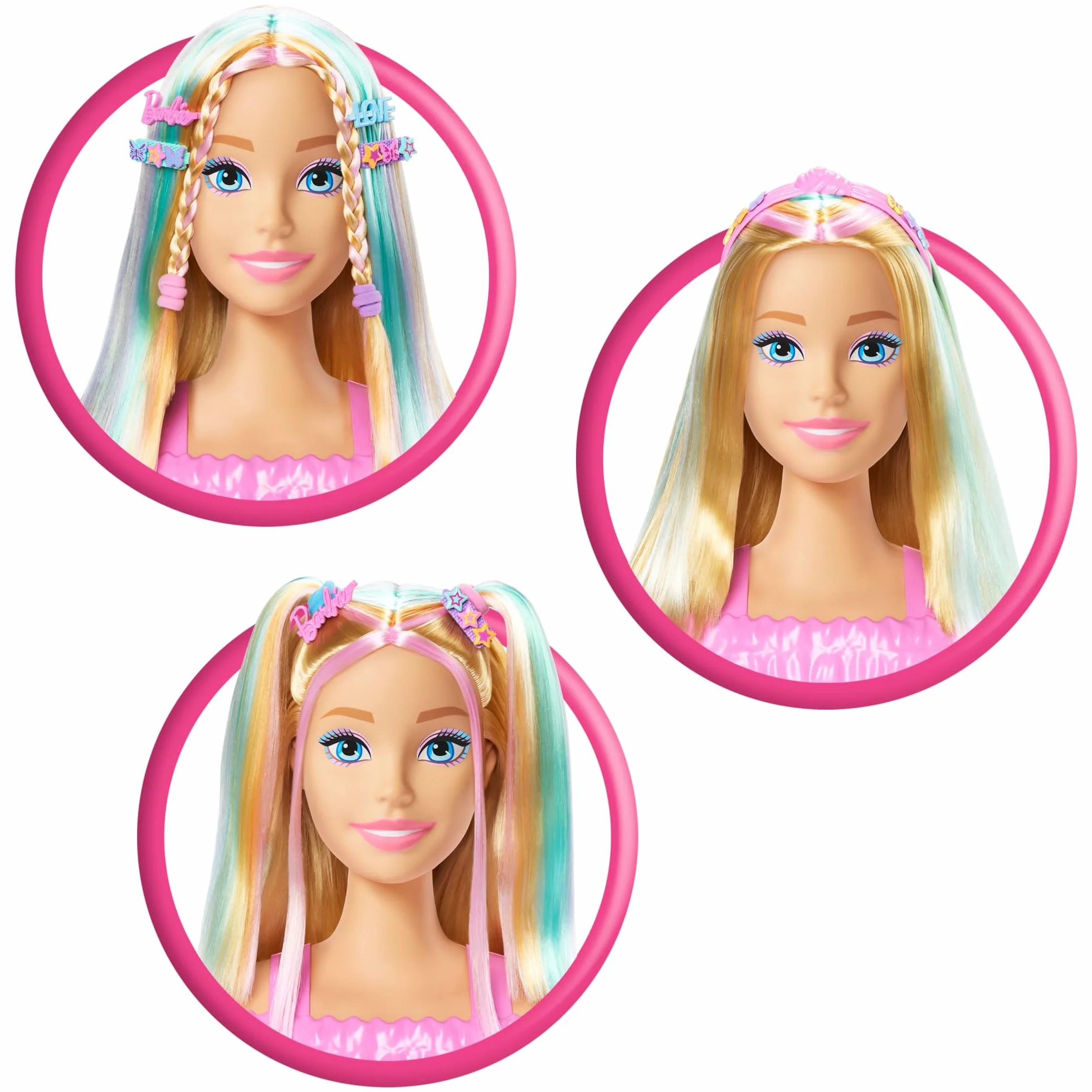 Barbie Głowa do stylizacji z blond włosami i ponad 20 akcesoriami, w tym gwiazdkowymi i motylkowymi przypinkami zmieniającymi kolor, JFG81