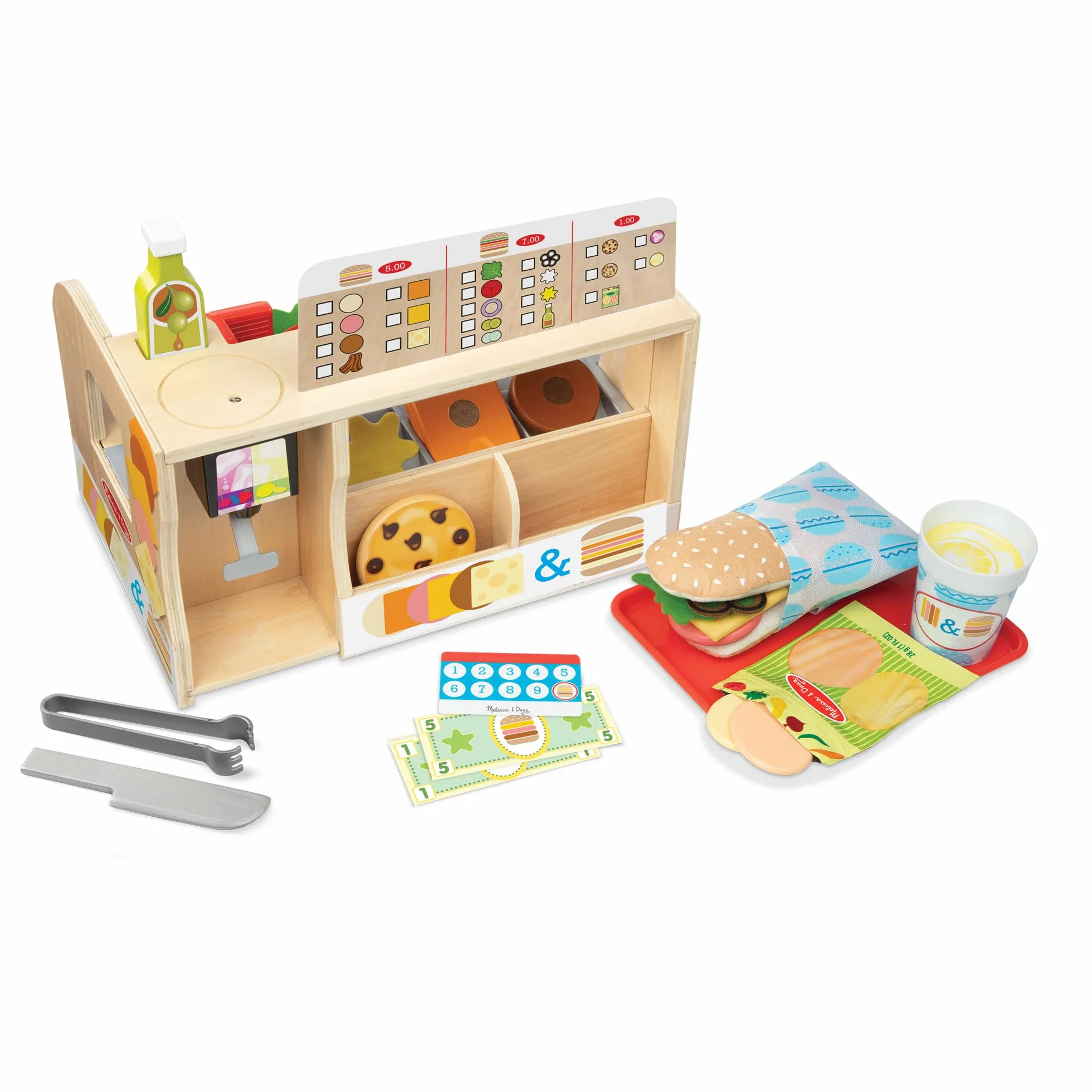 Melissa & Doug Sklep z kanapkami z ladą i akcesoriami, Zabawa w udawanie, Zabawkowe jedzenie, Zabawa kreatywna Montessori, Prezenty dla dzieci 3 4 5 lat, Prezent dla chłopca lub dziewczynki