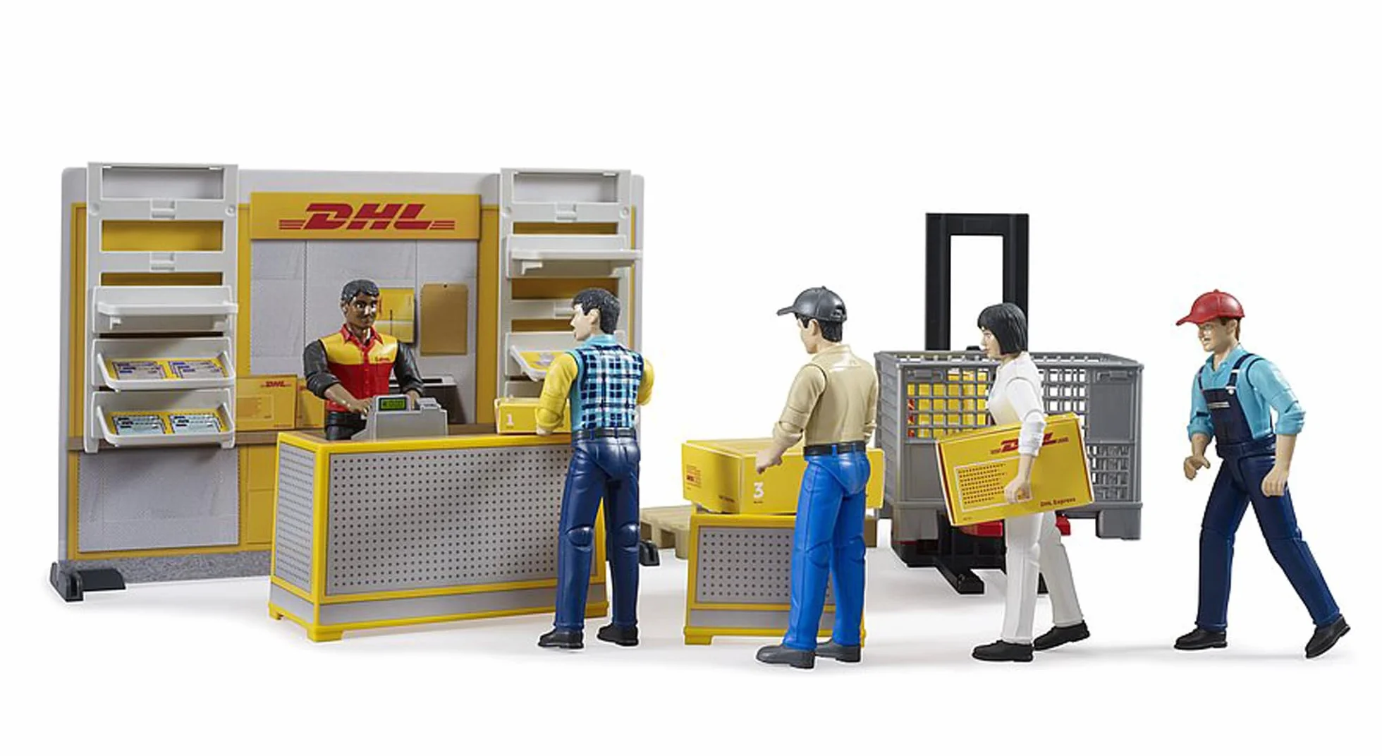 bruder 62251 - Bworld DHL Paketshop z pracownikiem DHL - 1:16 Zabawka, Akcesoria, Poczta, Listonosz, Obsługa paczek, Logistyka, Wysyłka, Zestaw do zabawy