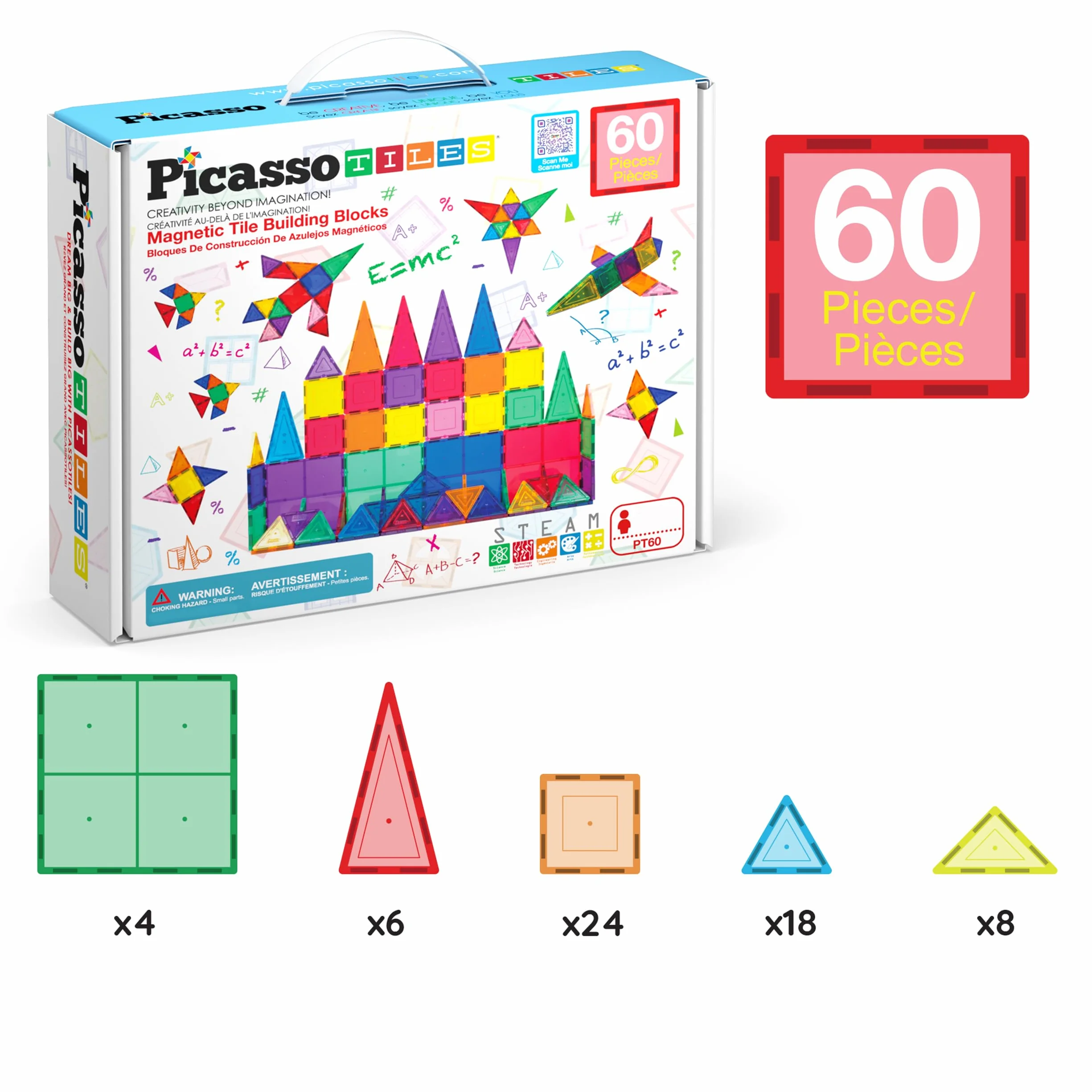 PicassoTiles Magnetic Tiles 60pcs Kids Toys Classroom Sensory Toy for Toddlers STEM Learning Building Blocks, Montessori Pretend Play Magnet Tile Construction Stacking Block Boys Girls Ages 3+ PT60