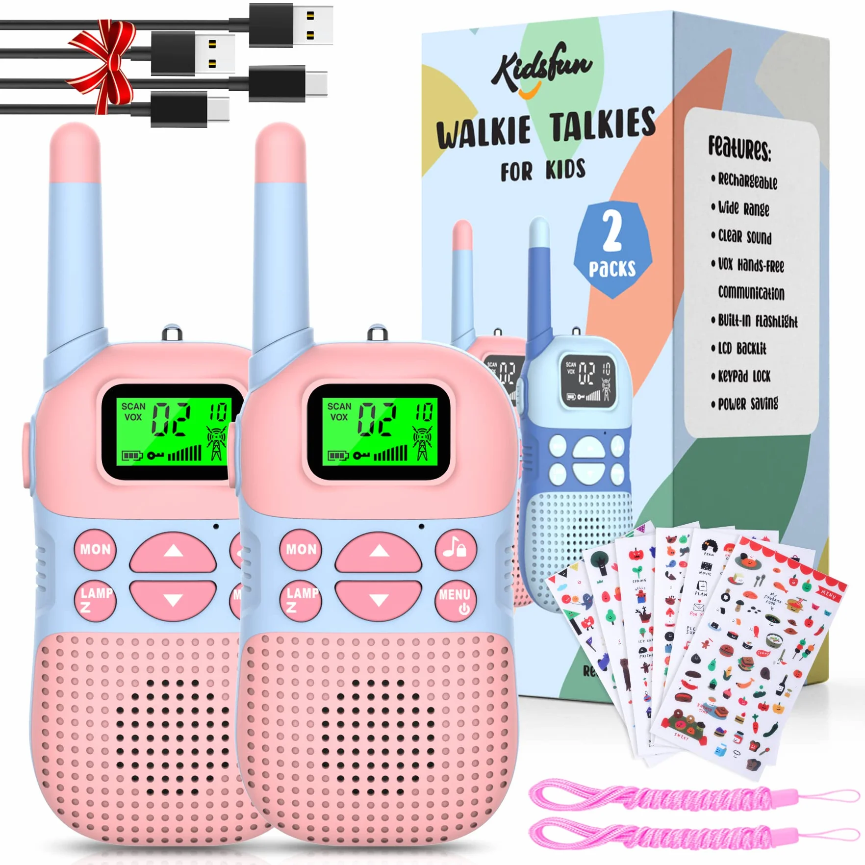 Kidsfun 2×Walkie Talkie dla Dzieci, USB Ładowanie Zabawka na Zewnątrz Walkie Talkie z Latarką, Prezent dla Chłopców i Dziewcząt od 3 Lat, Zasięg 3 Mile na Zakupy, na Zewnątrz, Camping