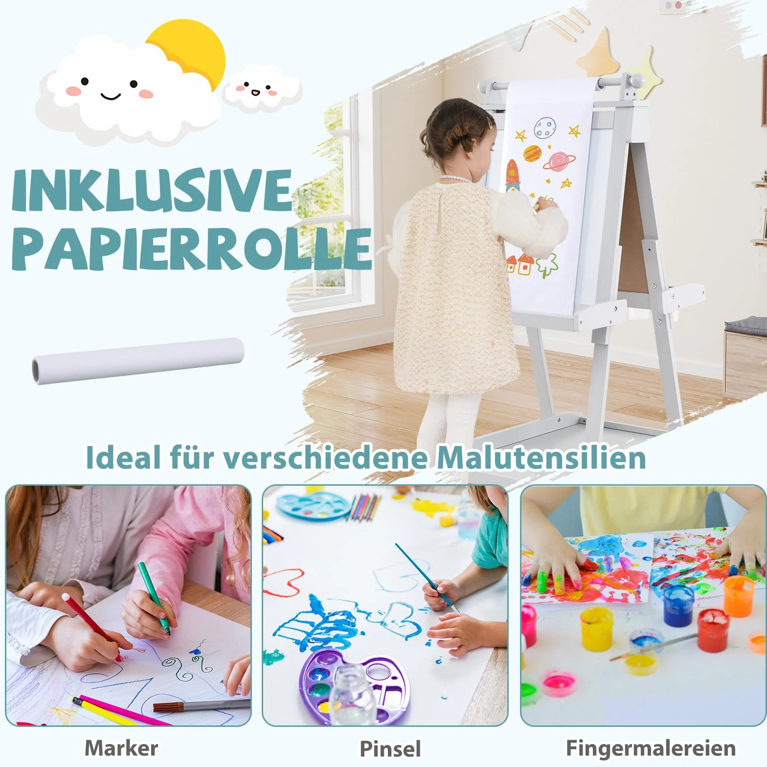 COSTWAY Tablica dla dzieci, składana sztaluga z regulacją wysokości z białą tablicą i tablicą magnetyczną, dwustronna tablica dziecięca z rolką papierową i 3 miseczkami do malowania, składana tablica