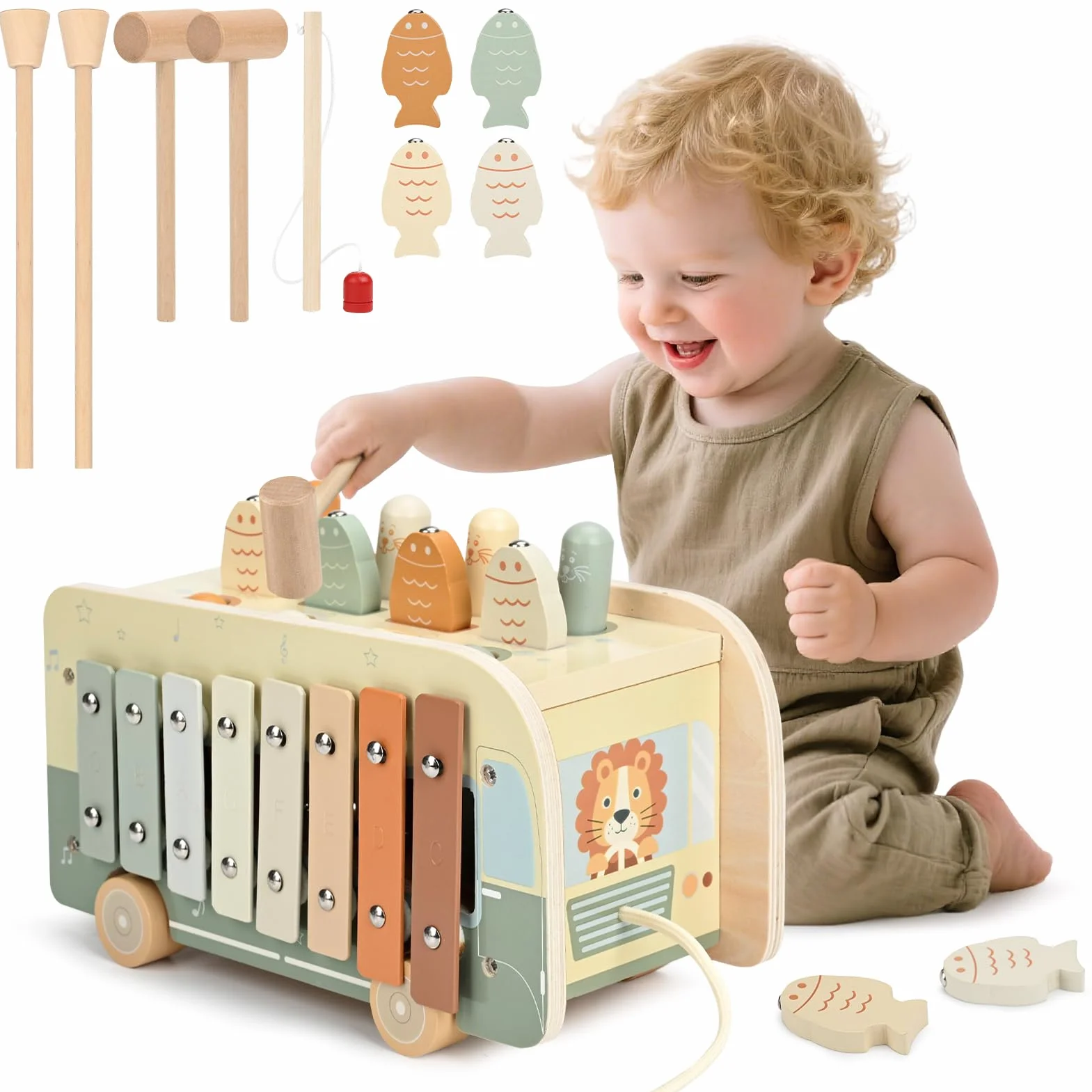 Vanplay Montessori zabawka dla dzieci od 1 roku życia, 7 w 1, gra z młotem, zabawka wędkarska, magnetyczna zabawka motoryczna, ksylofon dla dzieci 1 rok, prezent dla dzieci od 1, 2, 3 lat, dla