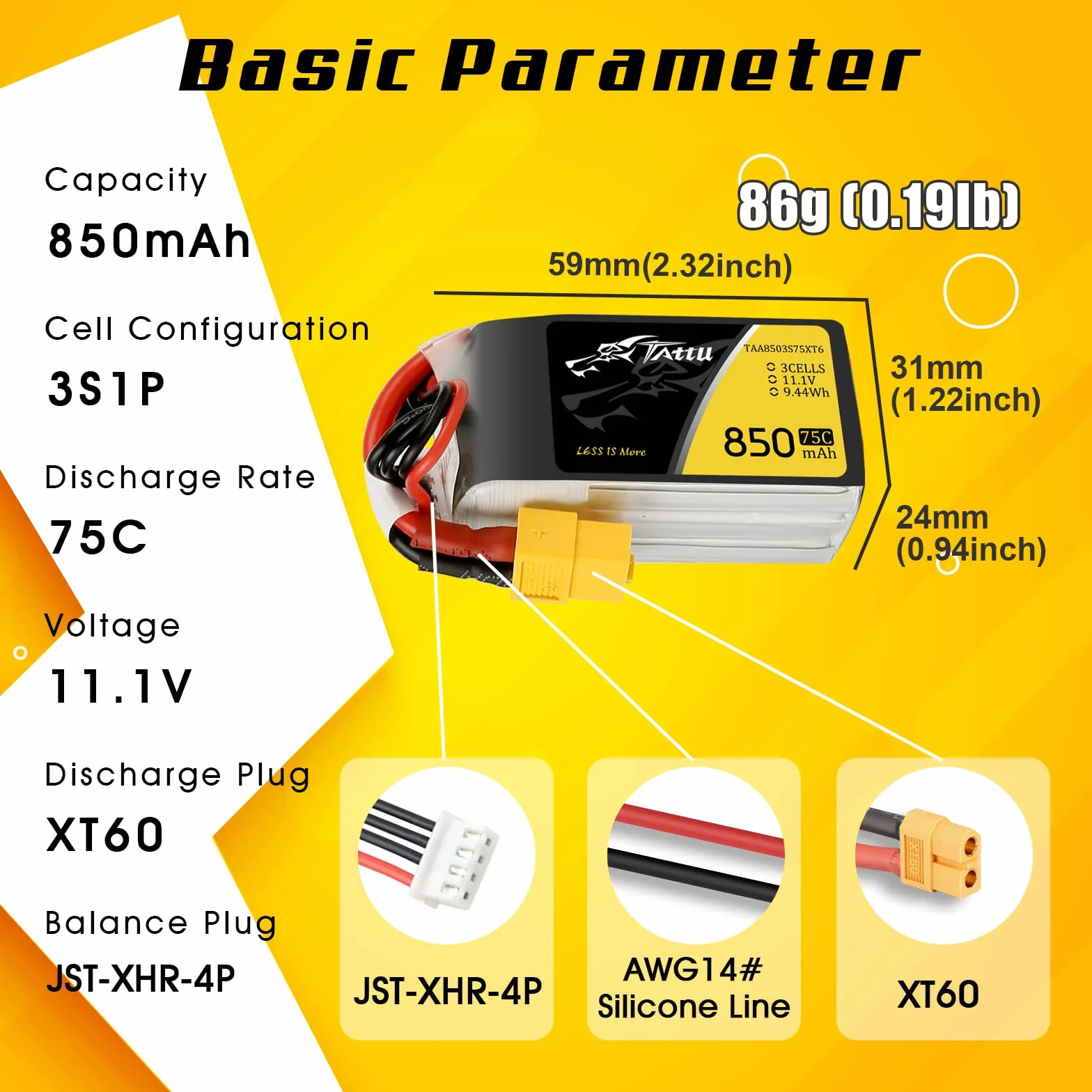 Tattu 3S 850 mAh 11,1 V 75C 3S1P Lipo akumulator z wtyczką XT60 do FPV Racing Quadrocopter 150 180 rozmiar