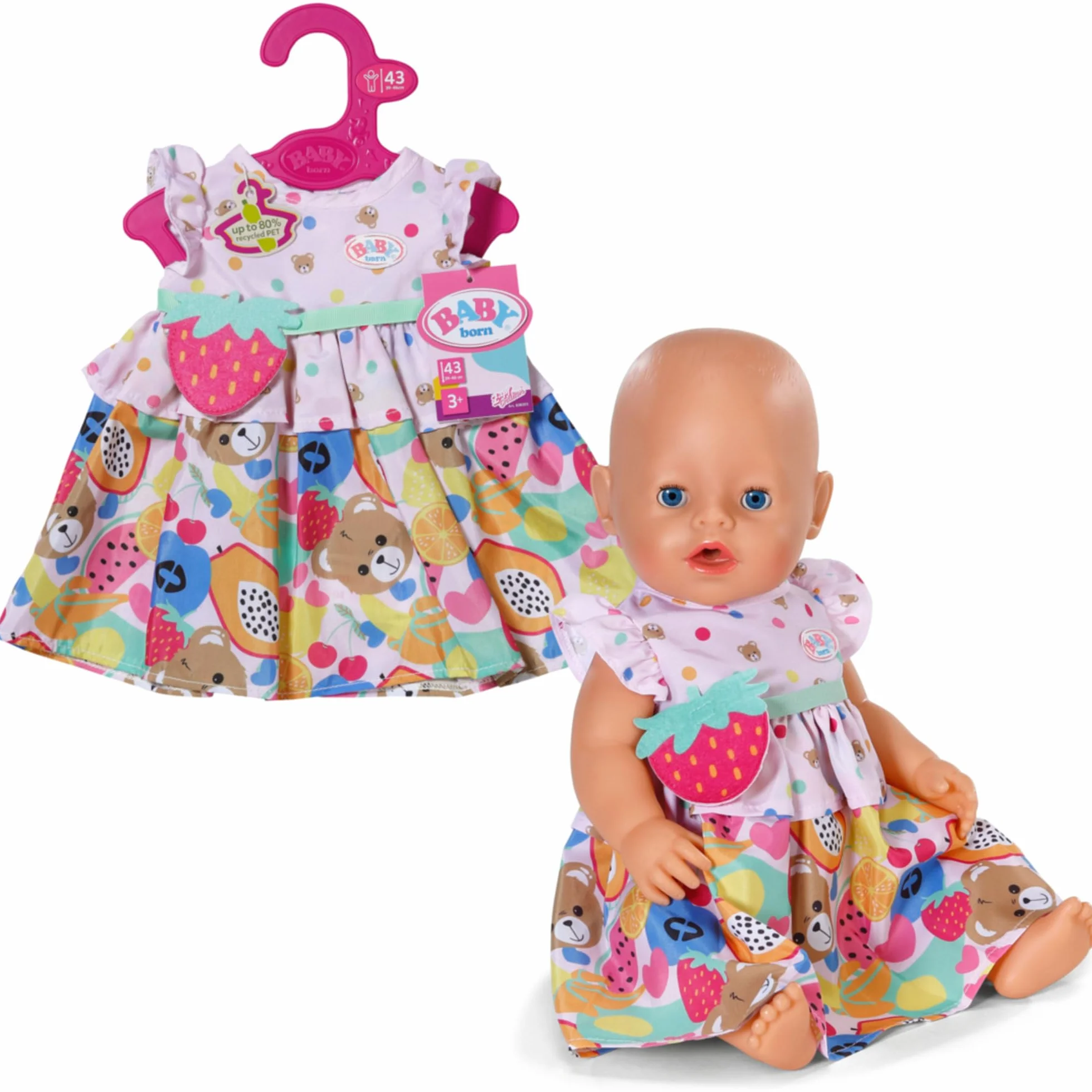 BABY born Sukienka owocowa, uroczy strój z paskiem z klamrą truskawkową dla lalek 43 cm, 838303 Zapf Creation