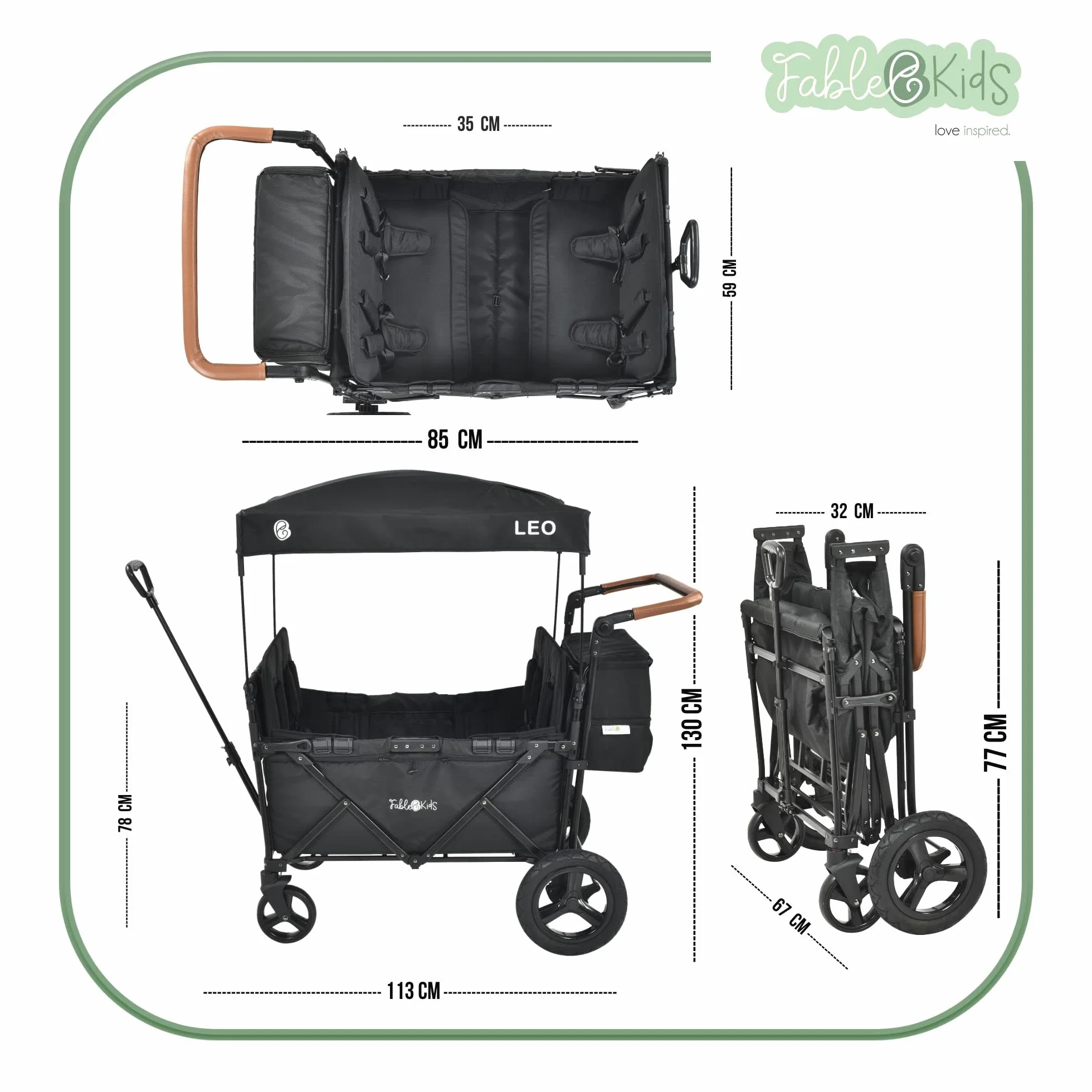 FableKids Leo X4 Plus Wózek na kółkach z dachem | Składany wózek transportowy | Uprząż 4X 5-punktowa | Koła terenowe 360° | Hamulec nożny | Oksford 600D | Siatki wentylacyjne | Czarny onyks