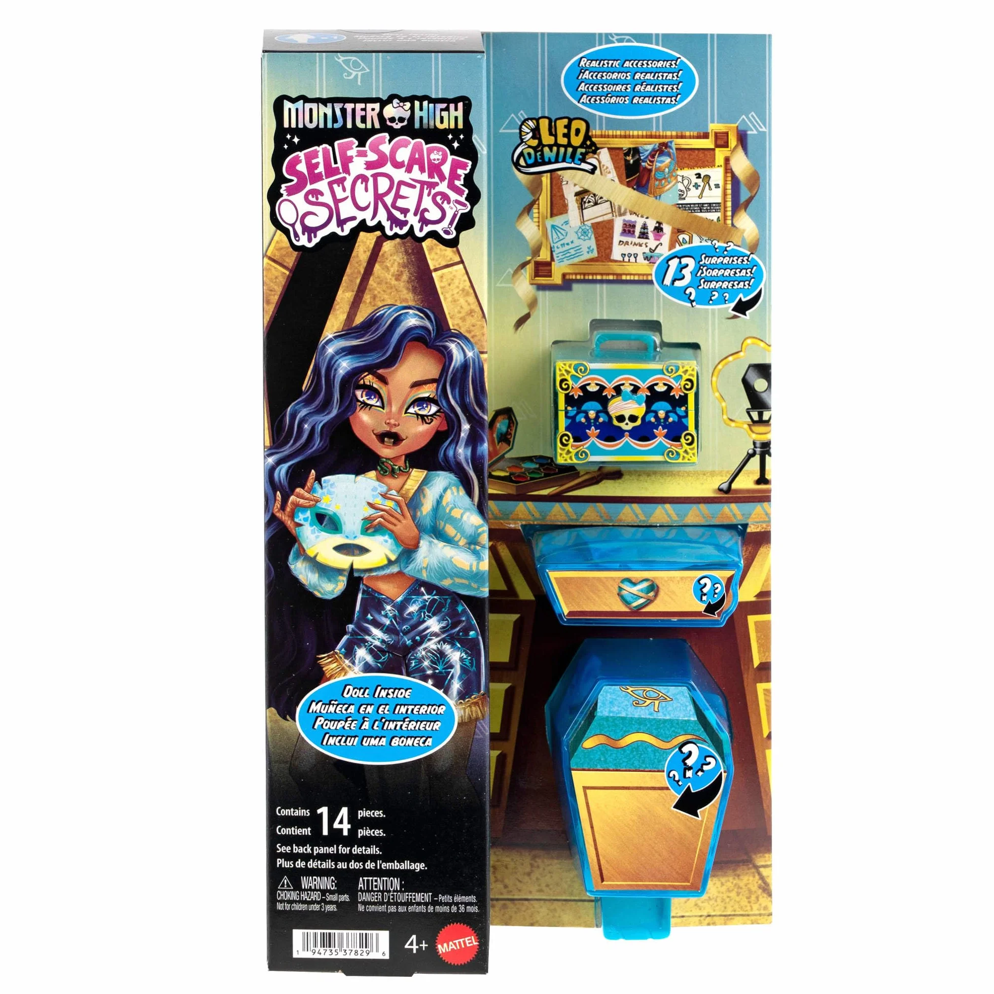 Monster High Straszyrelaks self-care Cleo de Nile Zestaw, lalka i akcesoria-niespodzianki, w tym zestaw do „ceramiki” oraz „kosmetyki”, zabawka dla dzieci 4+, JMG74