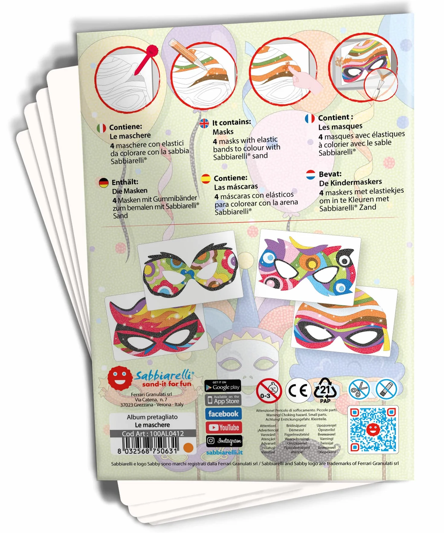 Sabbiarelli Sand-it For Fun – Album Maski – 4 Karty Samoprzylepne A5 do Sand Art z 4 Maskami z Gumkami | KOLOROWY PIASEK NIE JEST DOŁĄCZONY | Karnawał dla Dzieci 5-12 Lat