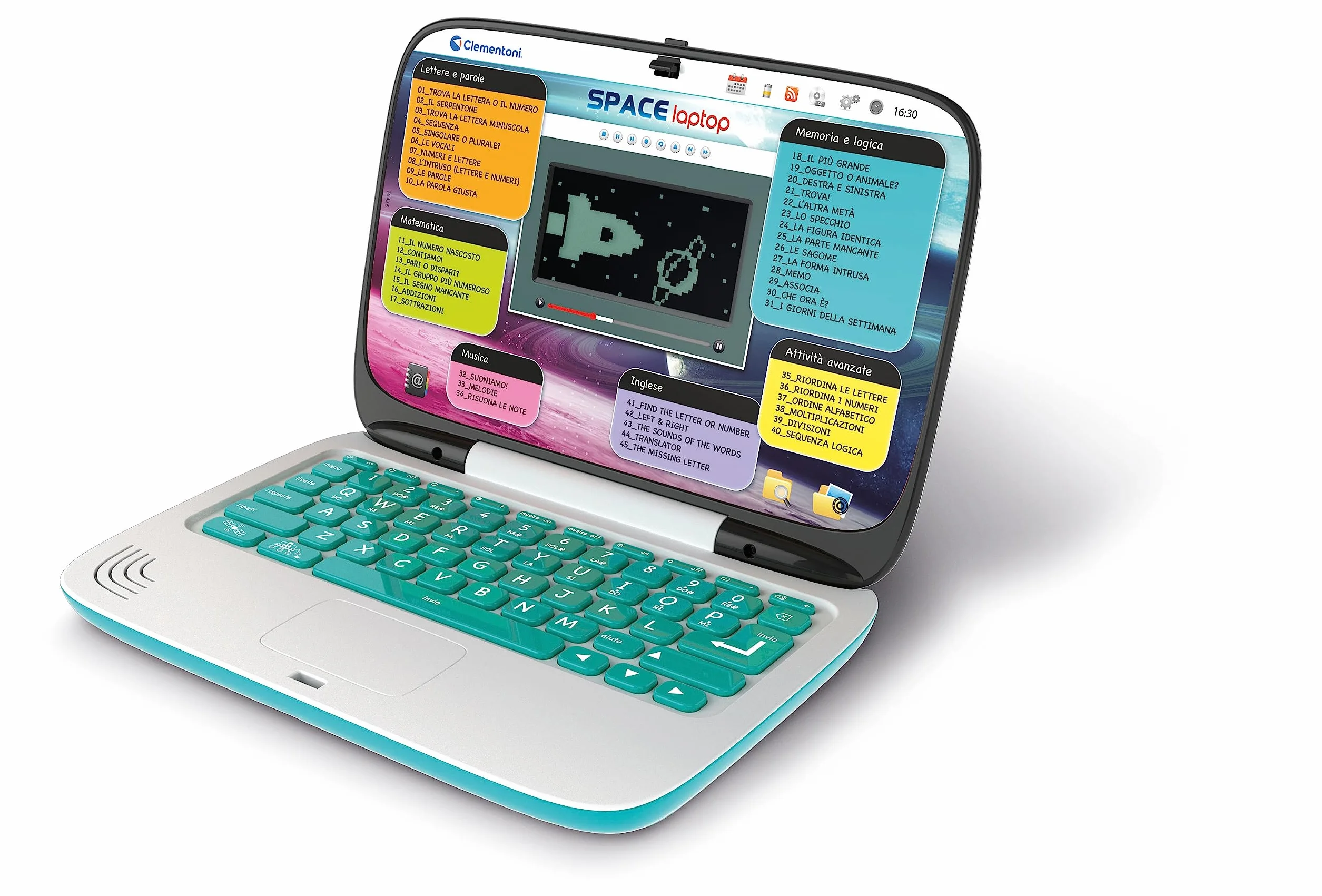 Clementoni - 16426 - Computer Kid Space Laptop - mówiąca elektroniczna gra edukacyjna, komputer dziecięcy, laptop dla dzieci 5 lat, technologia dla dzieci, przenośny, baterie w zestawie